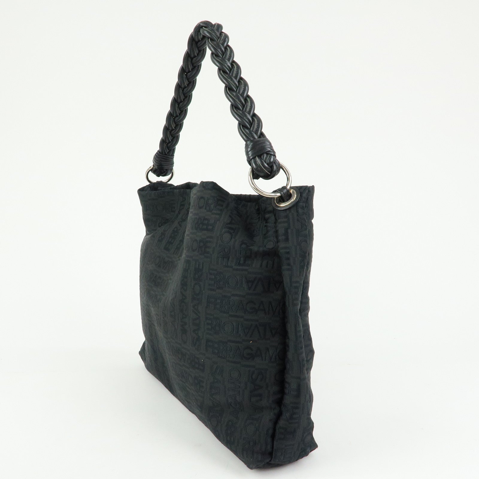 Ferragamo Canvas Leather Shoulder Bag Tote Bag Hand Bag Black