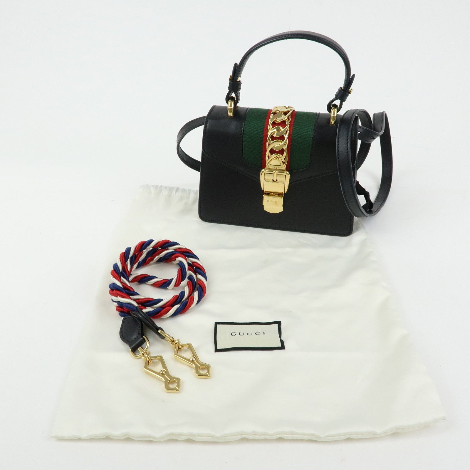 GUCCI Sylvie Sherry Leather 2Way Hand Bag Shoulder Bag Black 470270