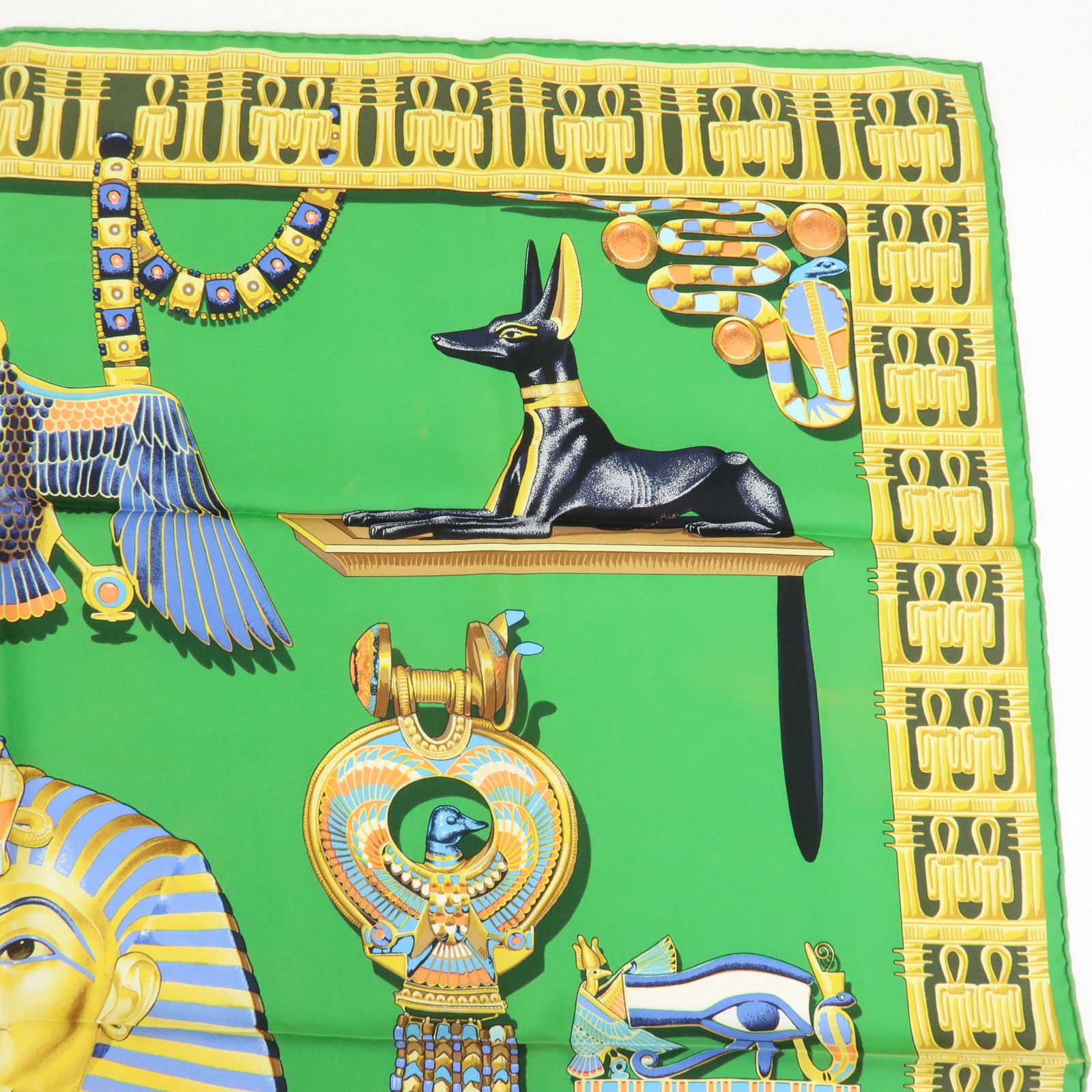 HERMES Carre 90 Silk 100% Scarf TUTANKHAMUN Green Gold