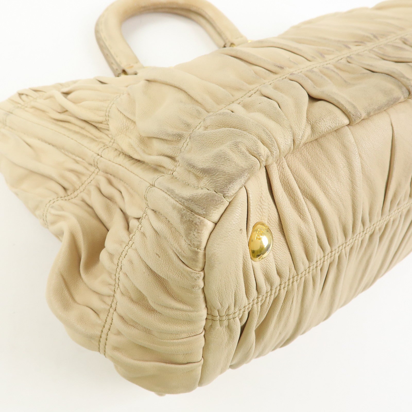 PRADA Logo Gathered Leather 2Way Hand Bag Shoulder Bag Beige BN1924