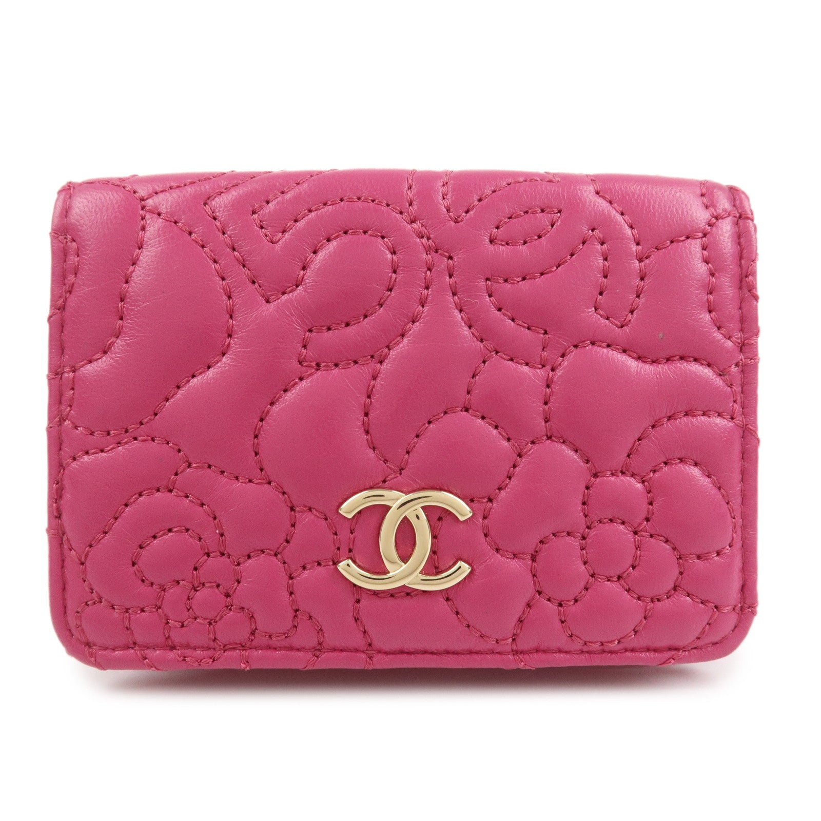 CHANEL COCO Mark Lamb Skin Tri-fold Compact Wallet Pink