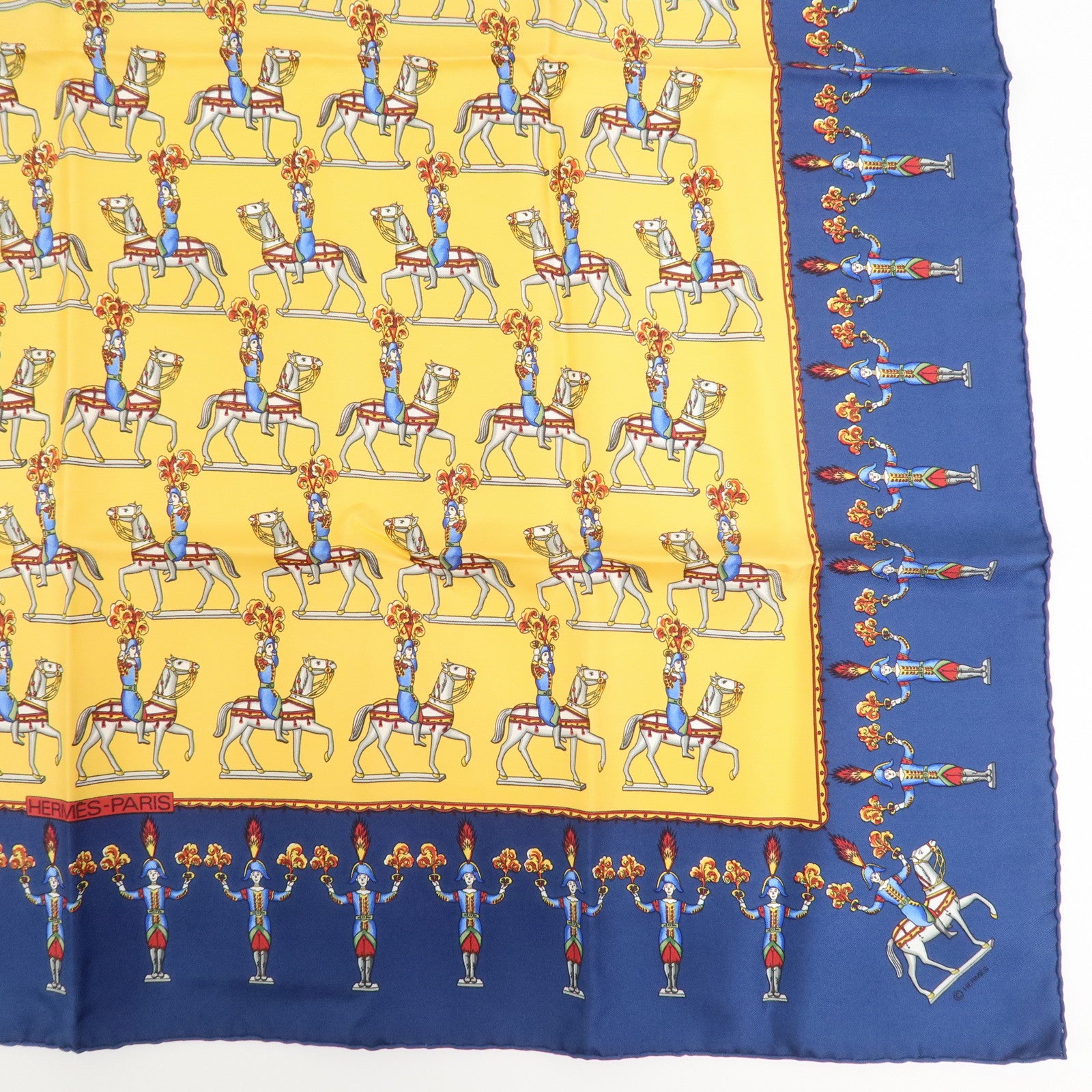 HERMES Carre 90 Silk 100% Scarf Les Artificiers Navy Yellow