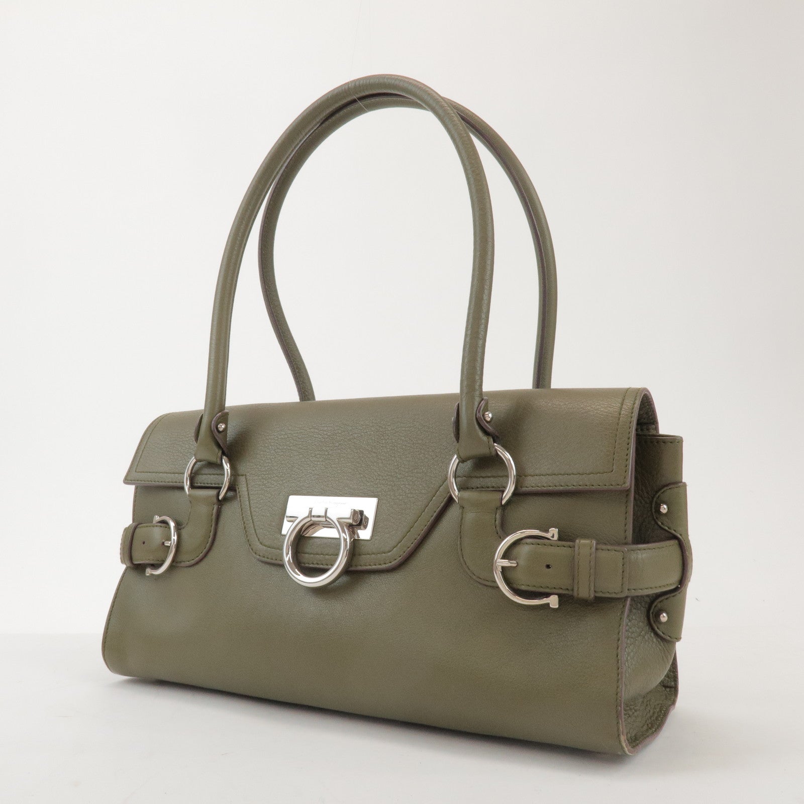 Ferragamo Gancini Leather Shoulder Bag Hand Bag Khaki
