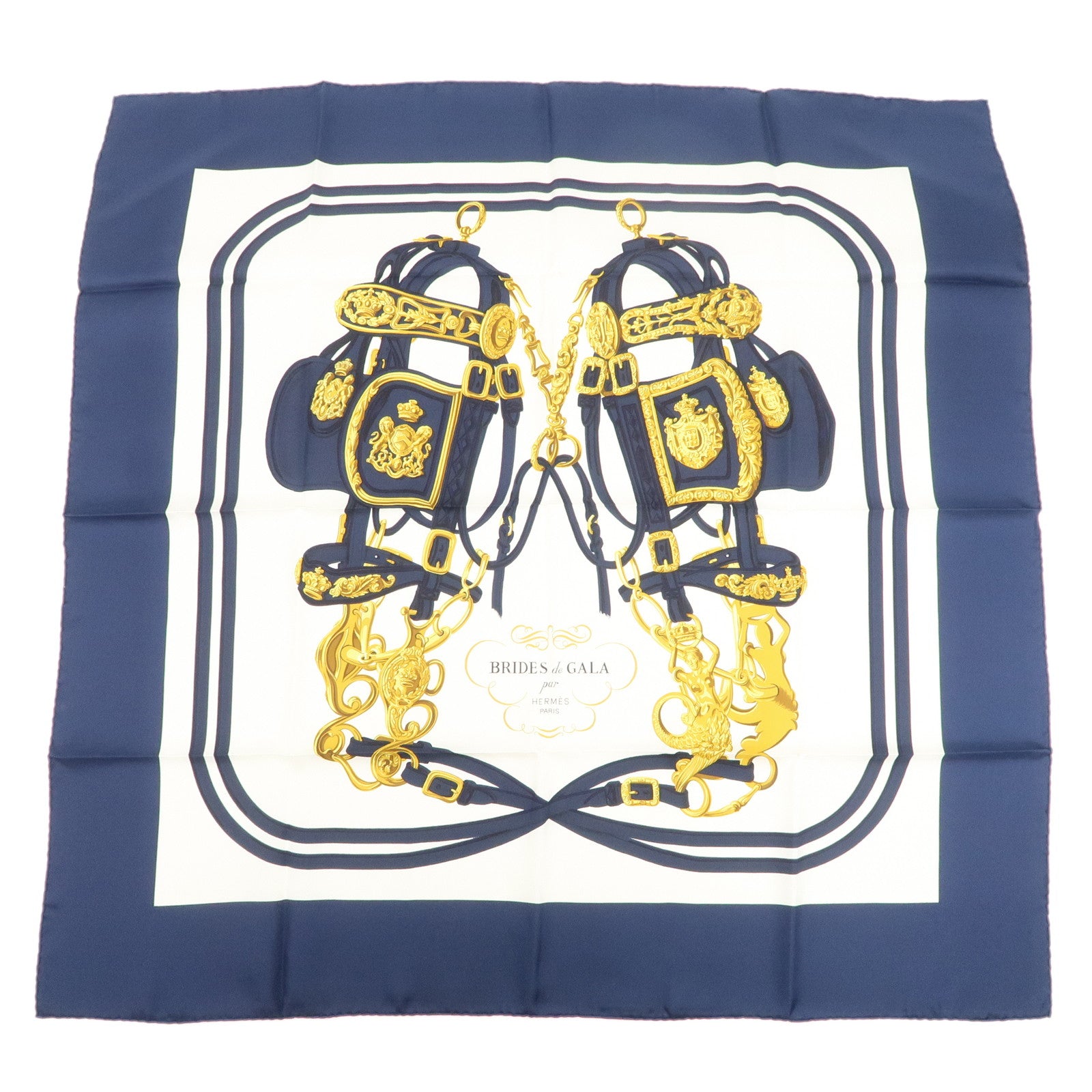 HERMES Carre 90 Silk 100% Scarf BRIDES DE GALA Navy White
