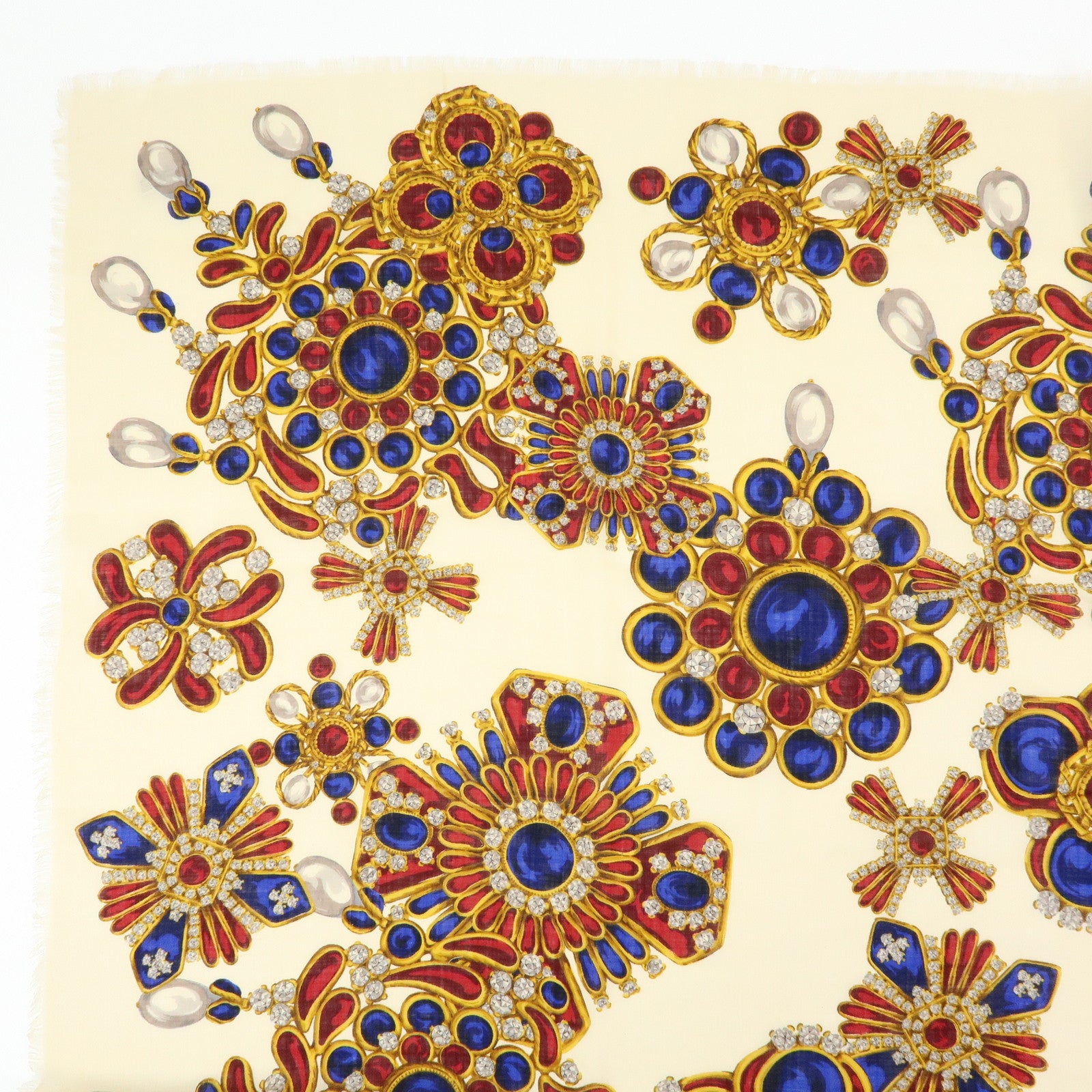 CHANEL Wook Silk Jewlry Pattern Scarf Beige Gold Red Blue