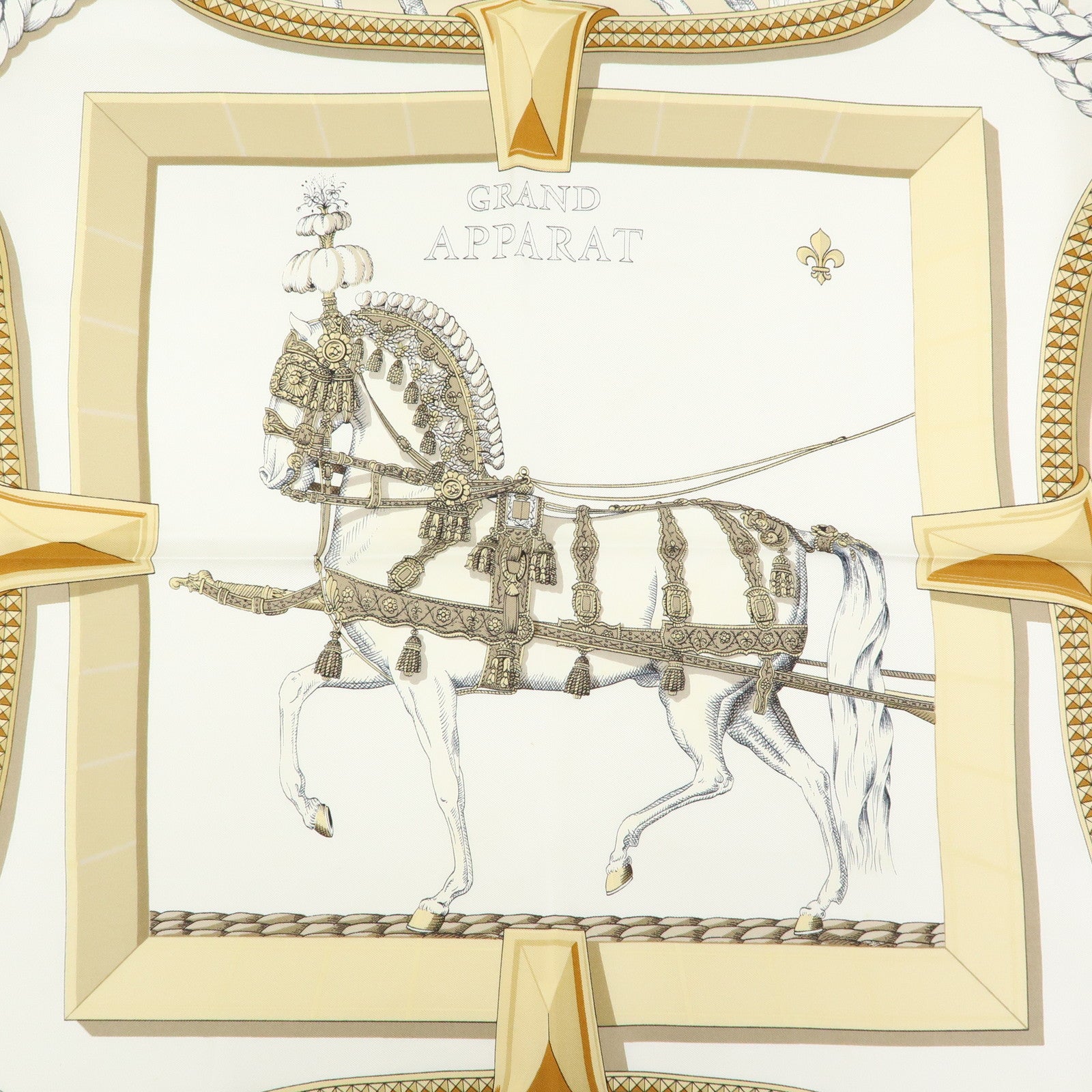 HERMES Carre 90 Silk 100% Scarf GRAND APPARAT White Beige