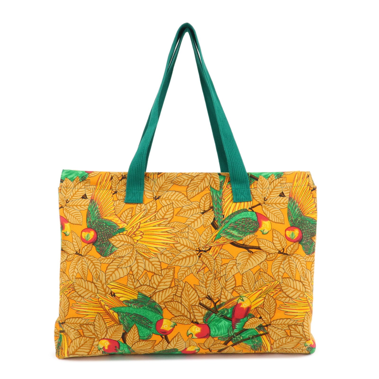 HERMES  Cotton Canvas Tote Bag Shoulder Bag Parrot Pattern Orange Green Used