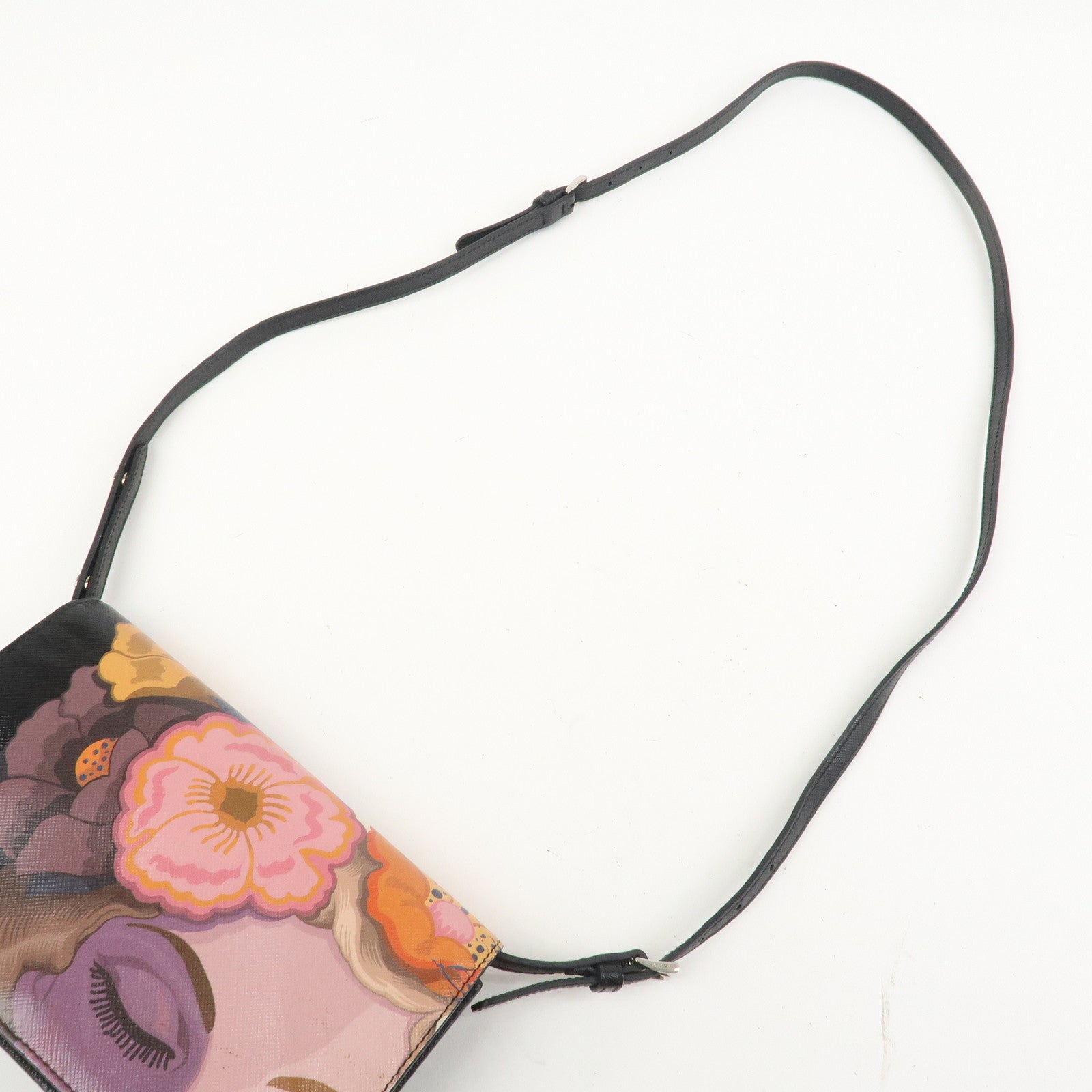 PRADA Flower Print Saffiano Leather Shoulder Bag Hand Bag Black