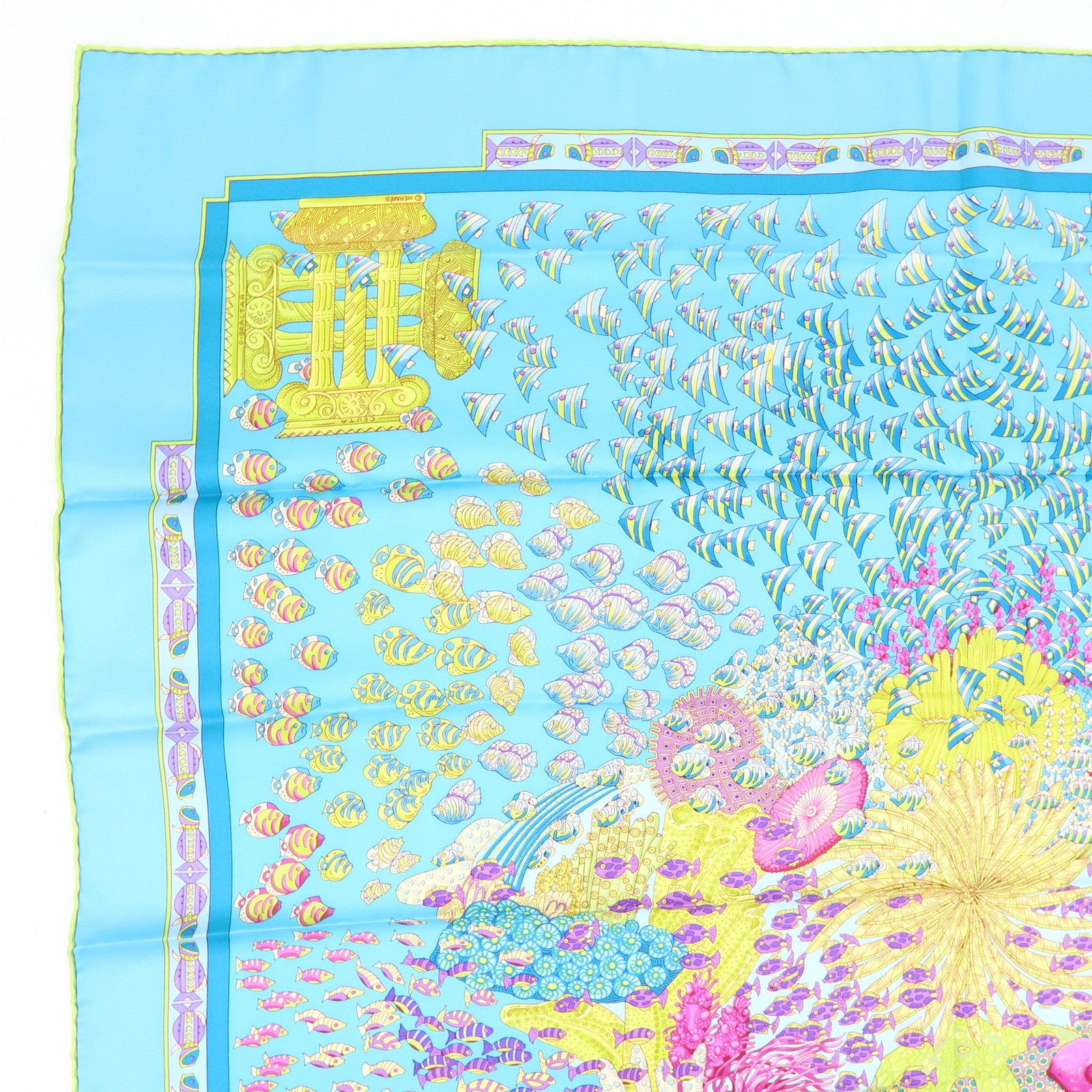 HERMES Carre 90 Silk 100% Scarf RENCONTRE OCEANE Light Blue Yellow