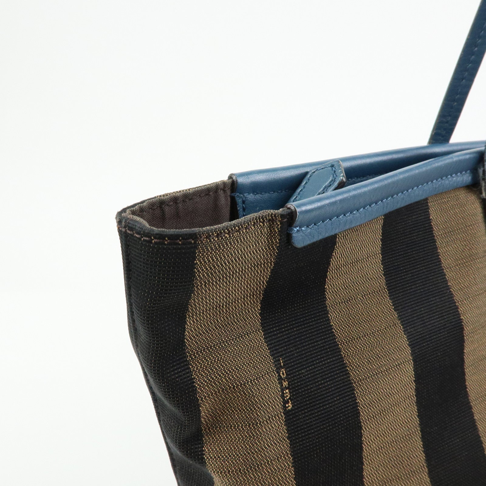 FENDI Pequin Canvas Leather Tote Bag Shoulder Bag Brown Navy 8BH185