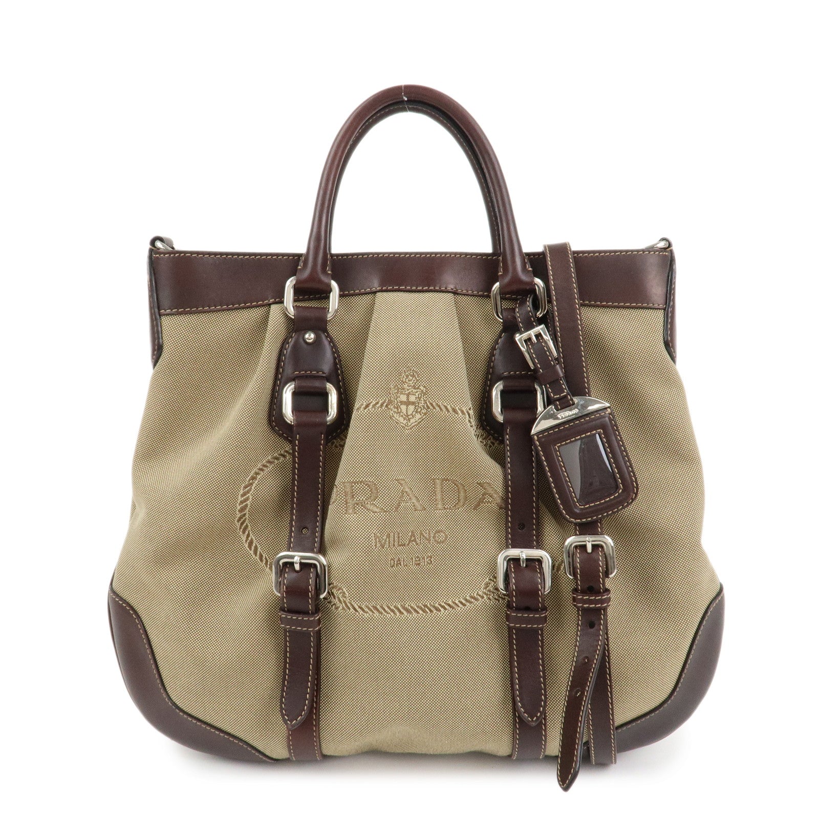 PRADA Logo Jaguard Leather 2way Hand Bag Beige Brown BN1184