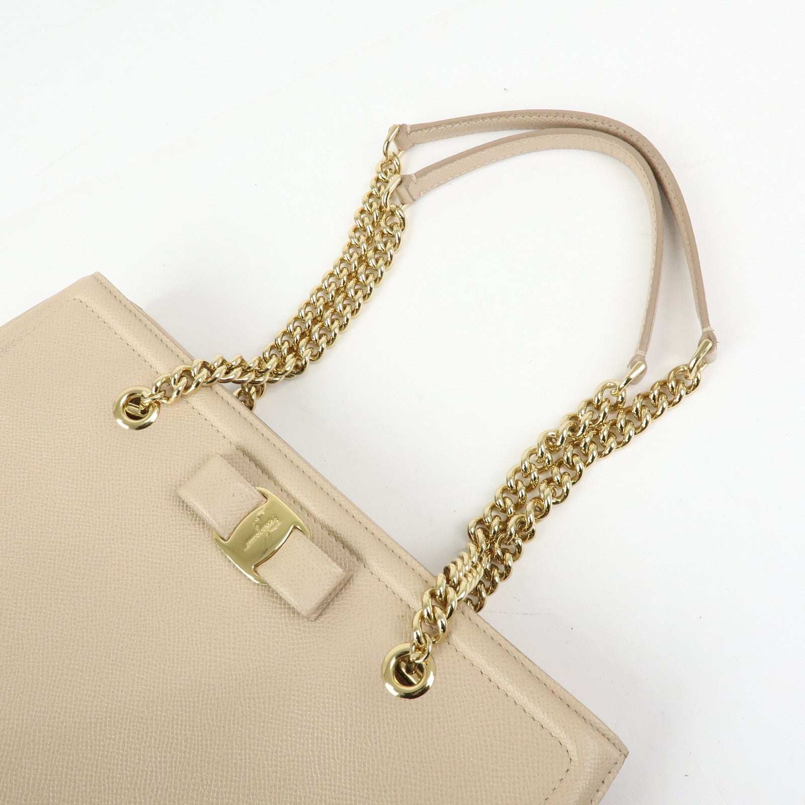 Ferragamo Vara Ribbon Leather Tote Bag Hand Bag Pink Beige