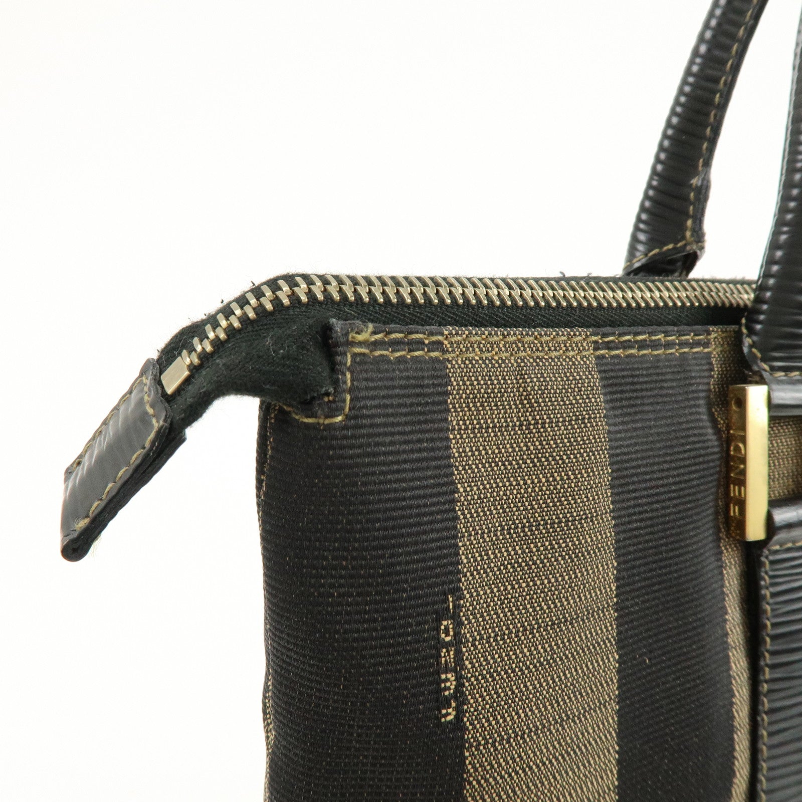 FENDI Pequin Canvas Leather Hand Bag Tote Bag Brown Black