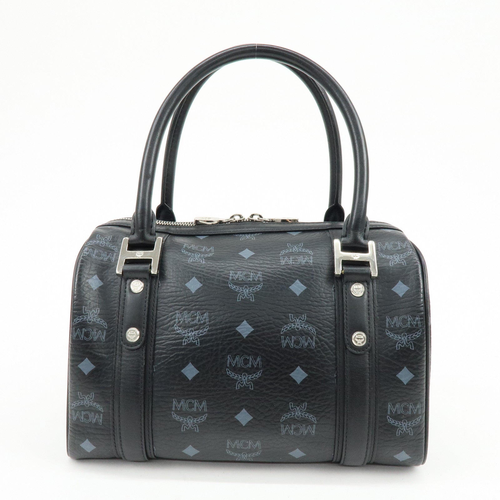 MCM Visetos PVC Leather Boston Bag Hand Bag Black