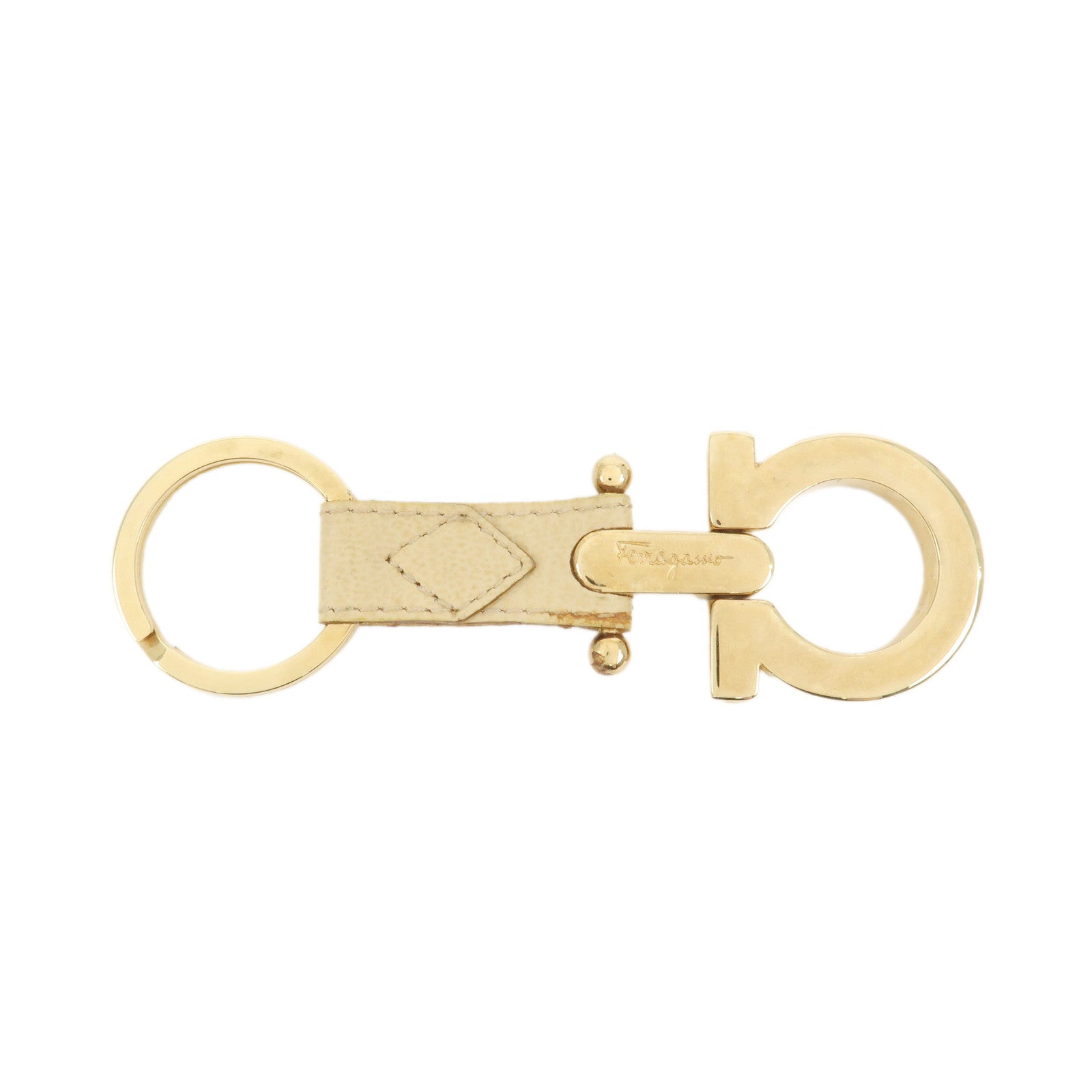 FERRAGAMO Logo Leather Metal Bag Charm Key Charm Beige Gold