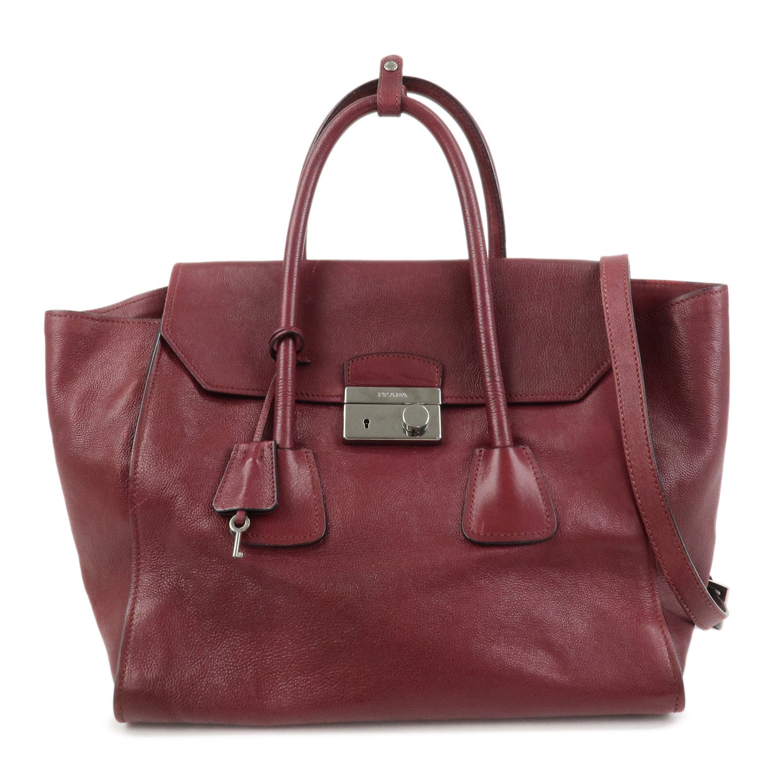 PRADA Leather 2Way Bag Flap Tote Bag Hand Bag Bordeaux