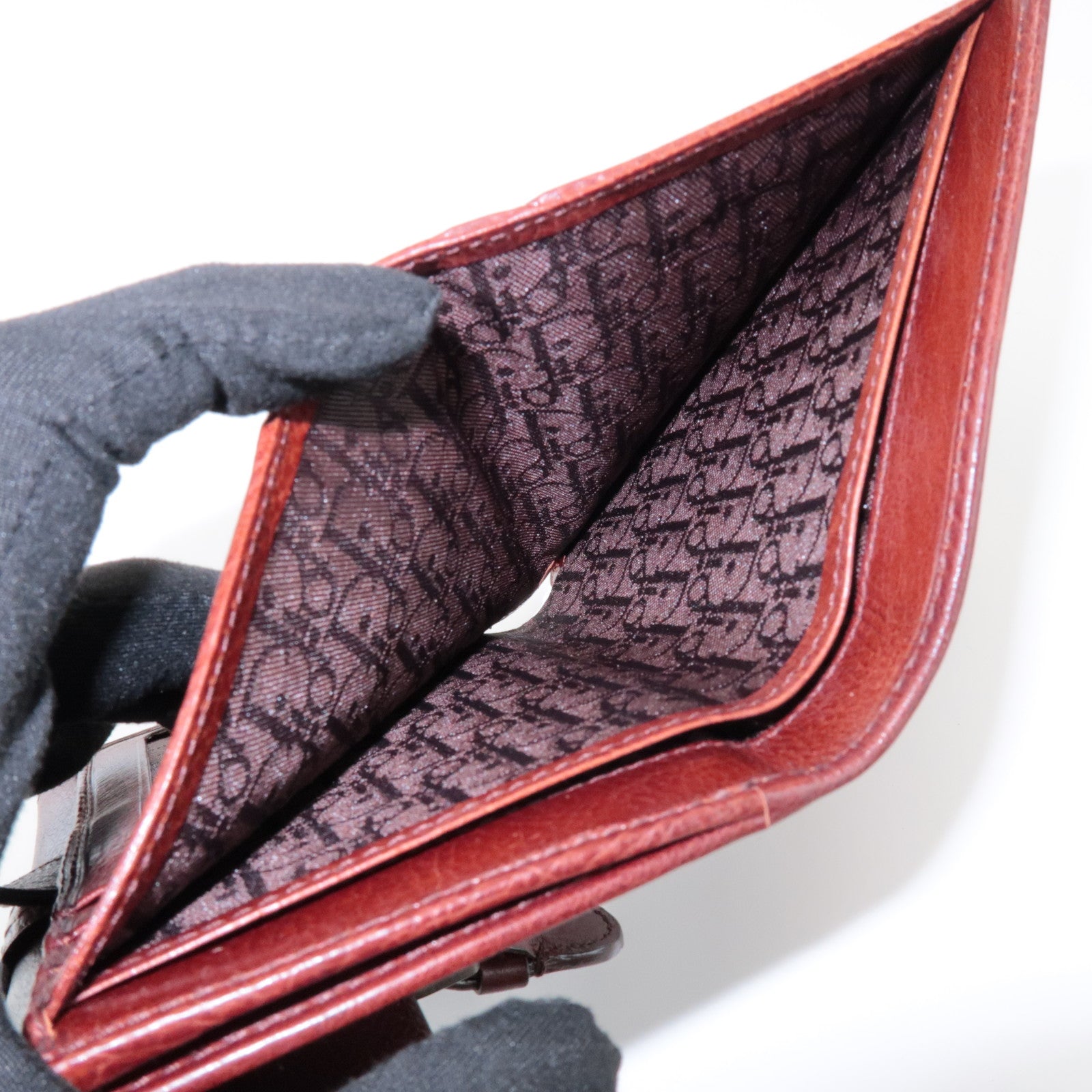 Christian Dior Leather Flower Embroidery Motif Compact Wallet Brown