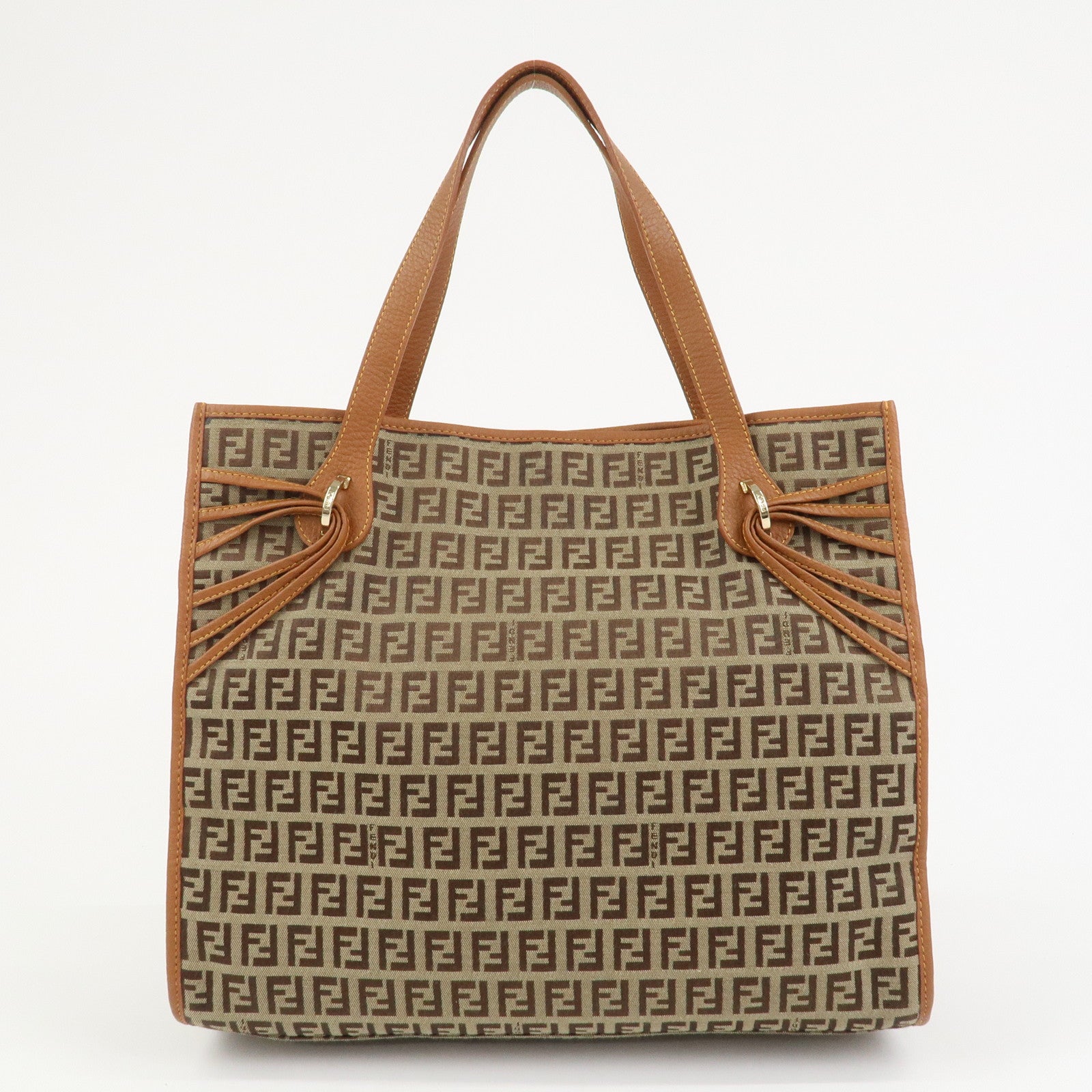 FENDI Zuccino Canvas Leather Tote Bag Hand Bag Brown 8BH153