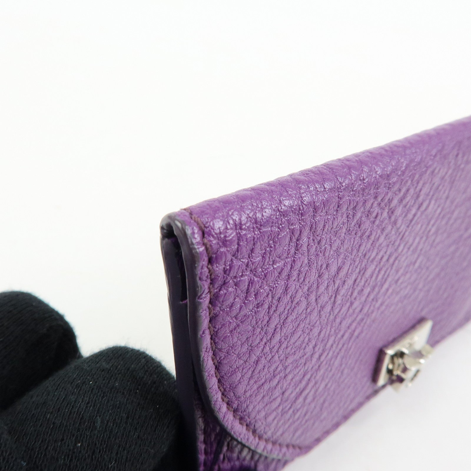Ferragamo Gancini Leather Flap Button Card Case Purple Silver