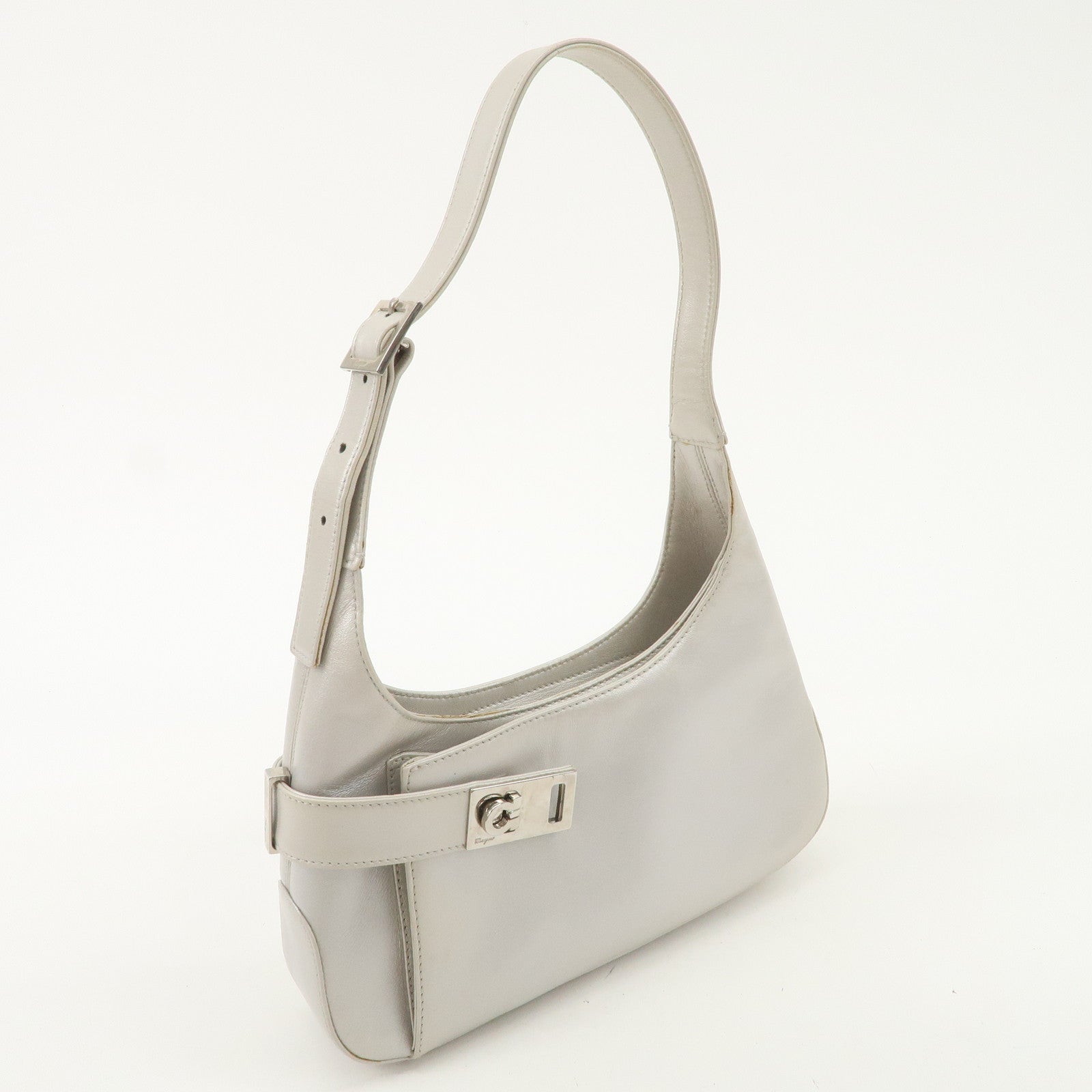 Ferragamo Gancini Leather Shoulder Bag Hand Bag Silver Used
