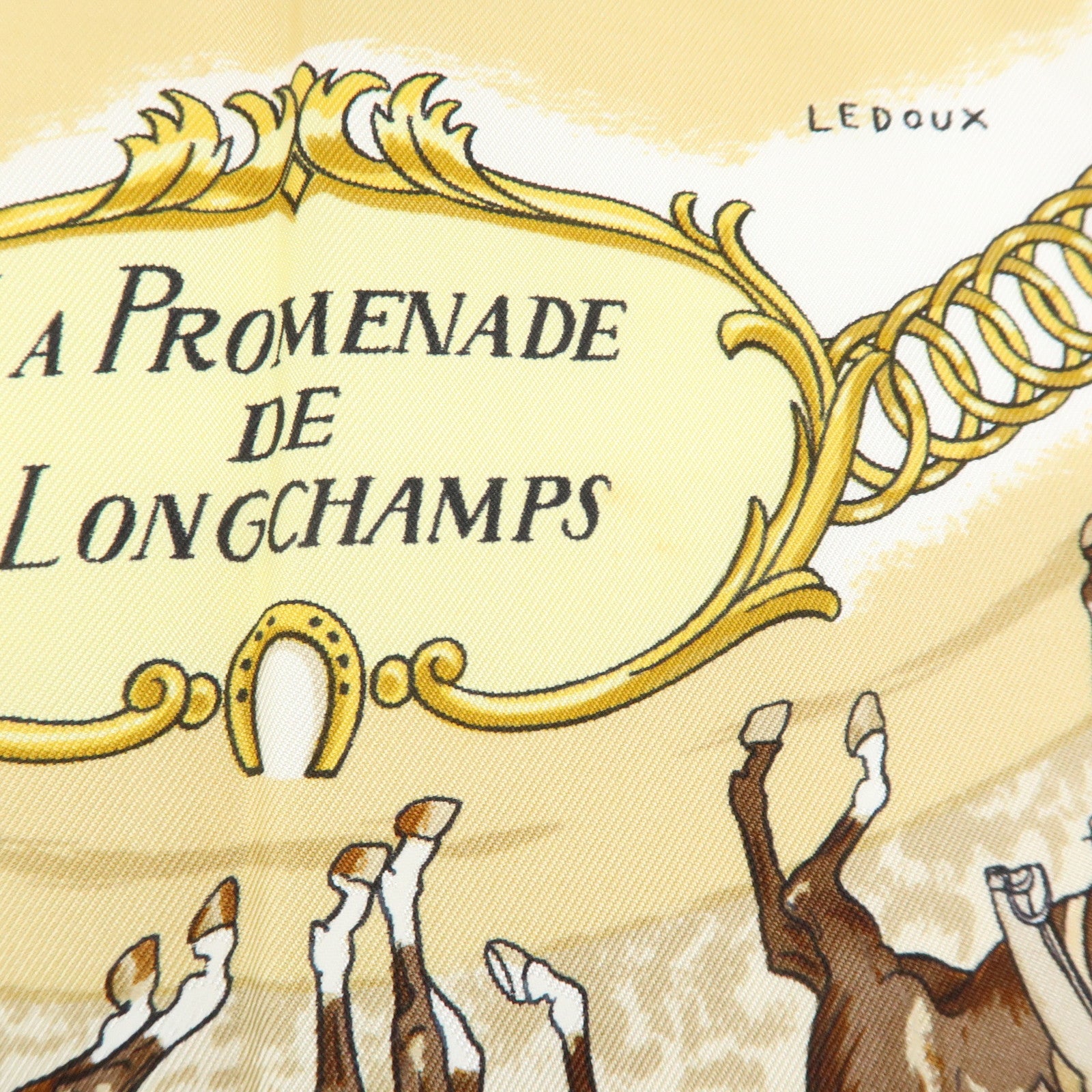 HERMES Carre 90 Silk 100% Scarf LA PROMENADE DE LONGCHAMPS Brown