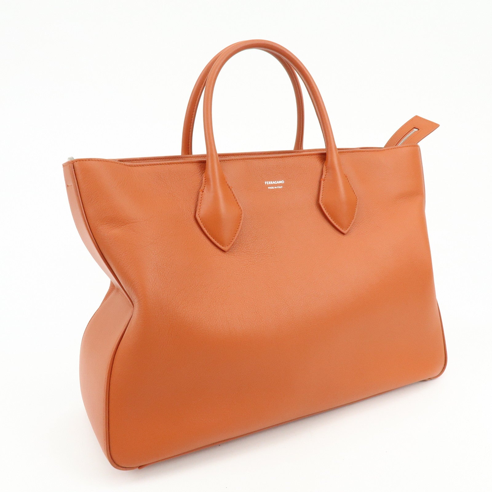 Ferragamo Logo Leather Tote Bag Hand Bag Orange