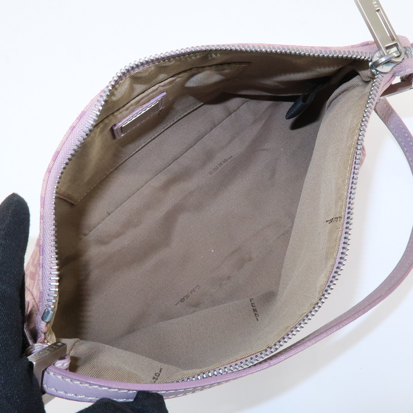 FENDI Zucchino Canvas Leather Shoulder Bag Pink 8BR267 Used