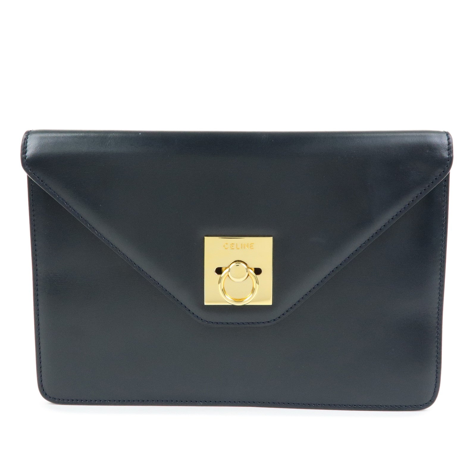 CELINE Leather Envelope Flap Clutch Bag Pouch Navy