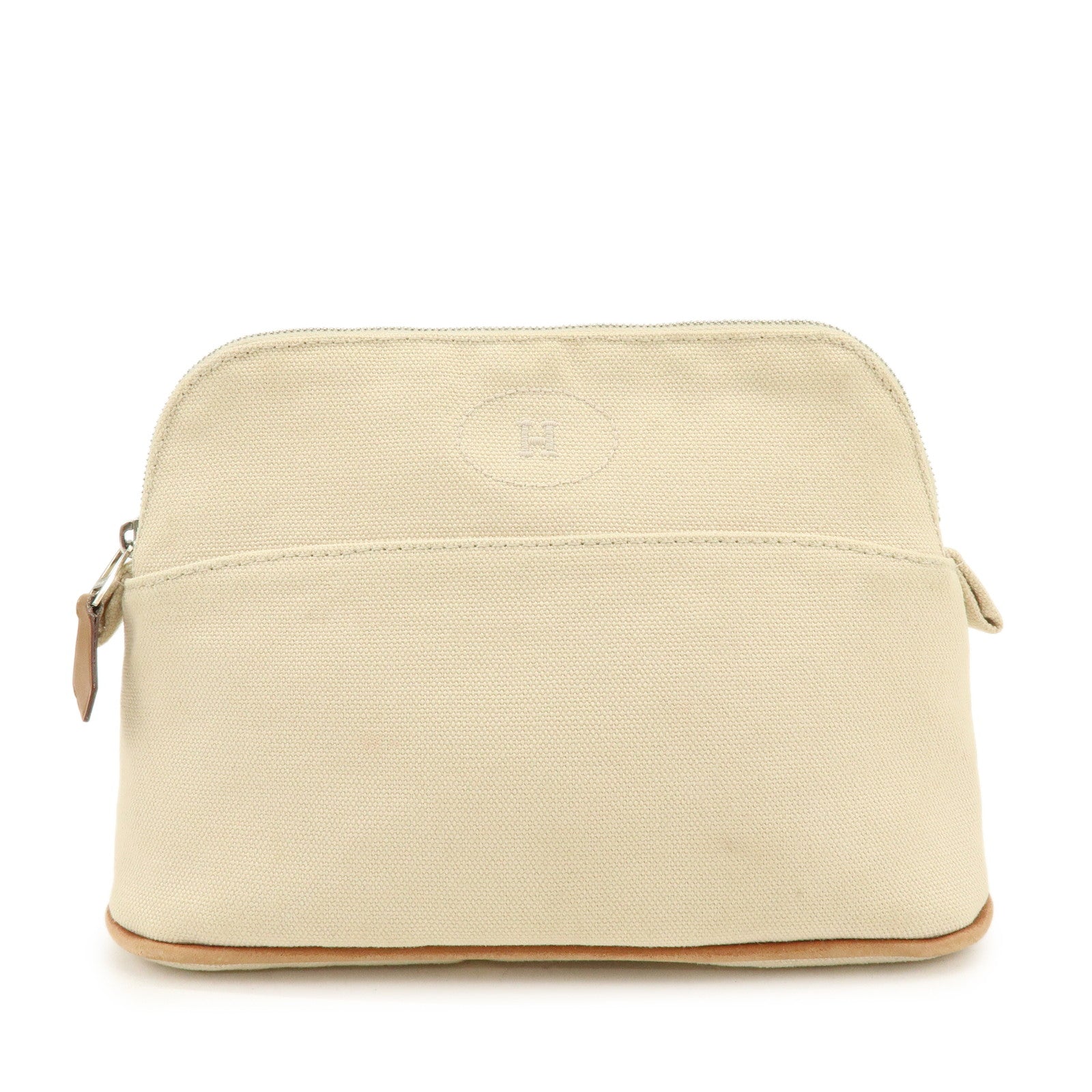 HERMES Bolide Mini Cotton Leather Pouch Cosmetic Case Ivory Beige