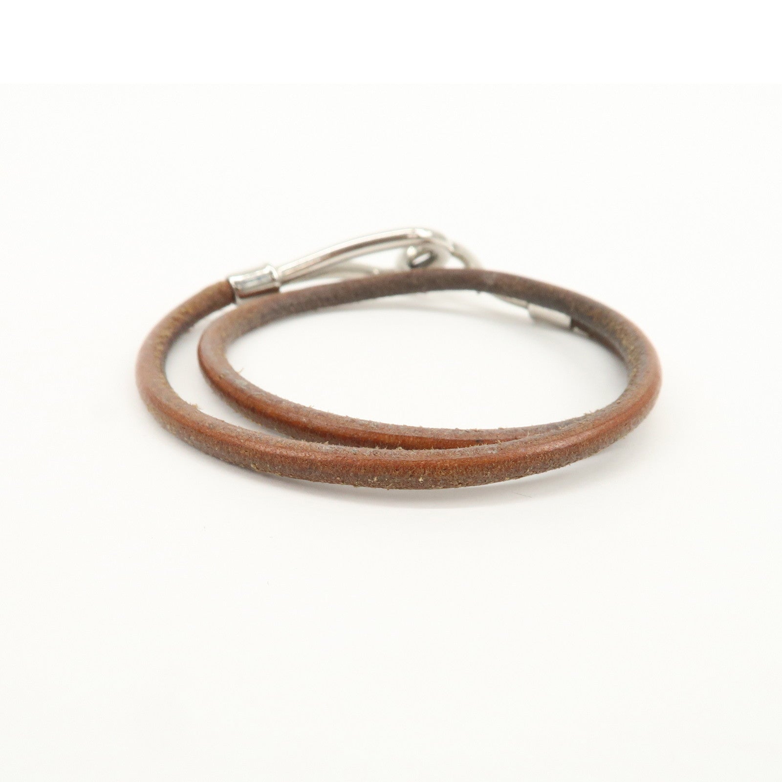 HERMES Leather Metal Jumbo Choker Bracelet Brown Silver
