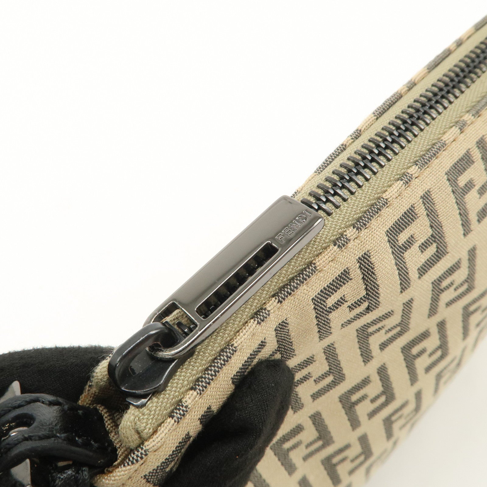 FENDI Zucchino Canvas Leather Shoulder Bag Beige Black 8BR312