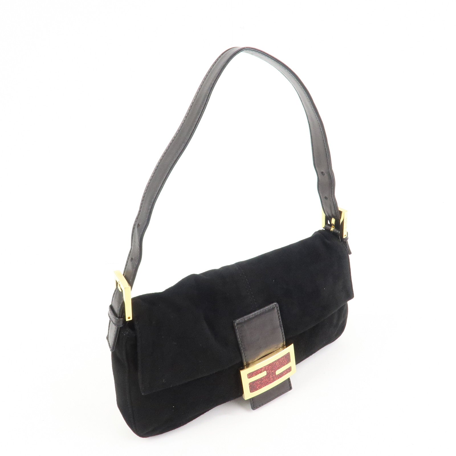 FENDI Mamma Baguette Suede Leather Shoulder Bag Black 26424
