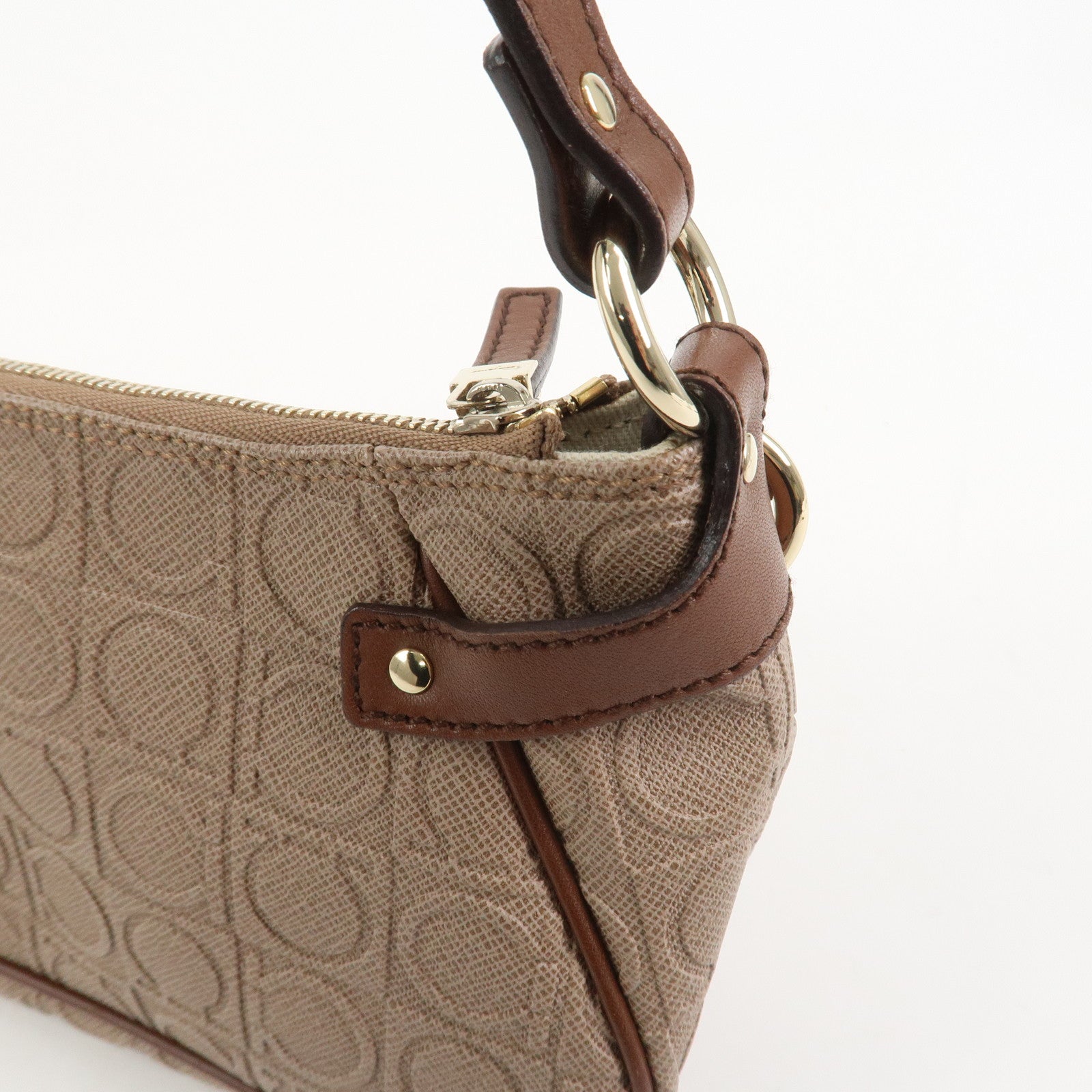 Ferragamo Gancini PVC Canvas Leather Shoulder Bag Hand Bag Brown