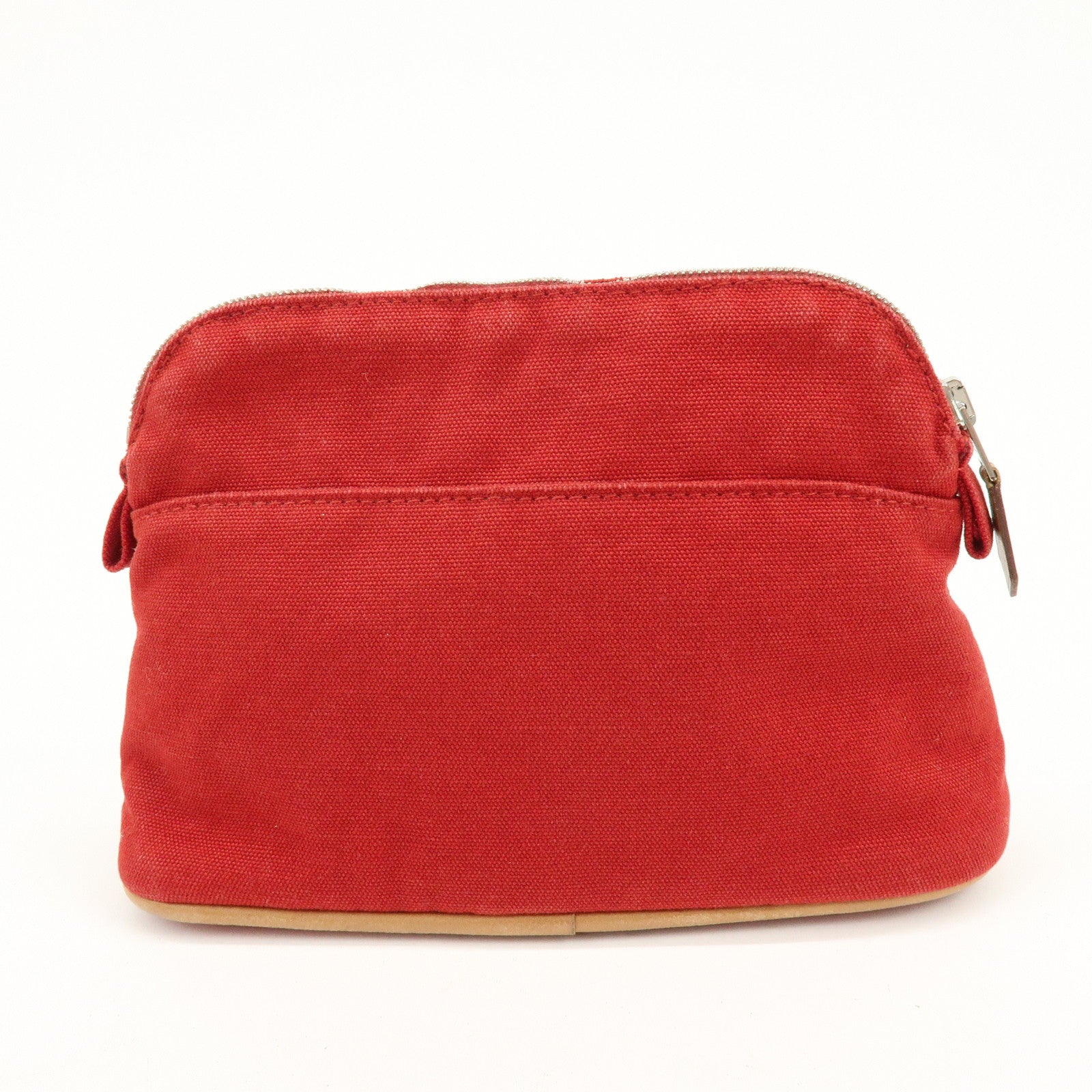 HERMES Bolide Mini Cotton Leather Pouch Cosmetic Case Red Beige