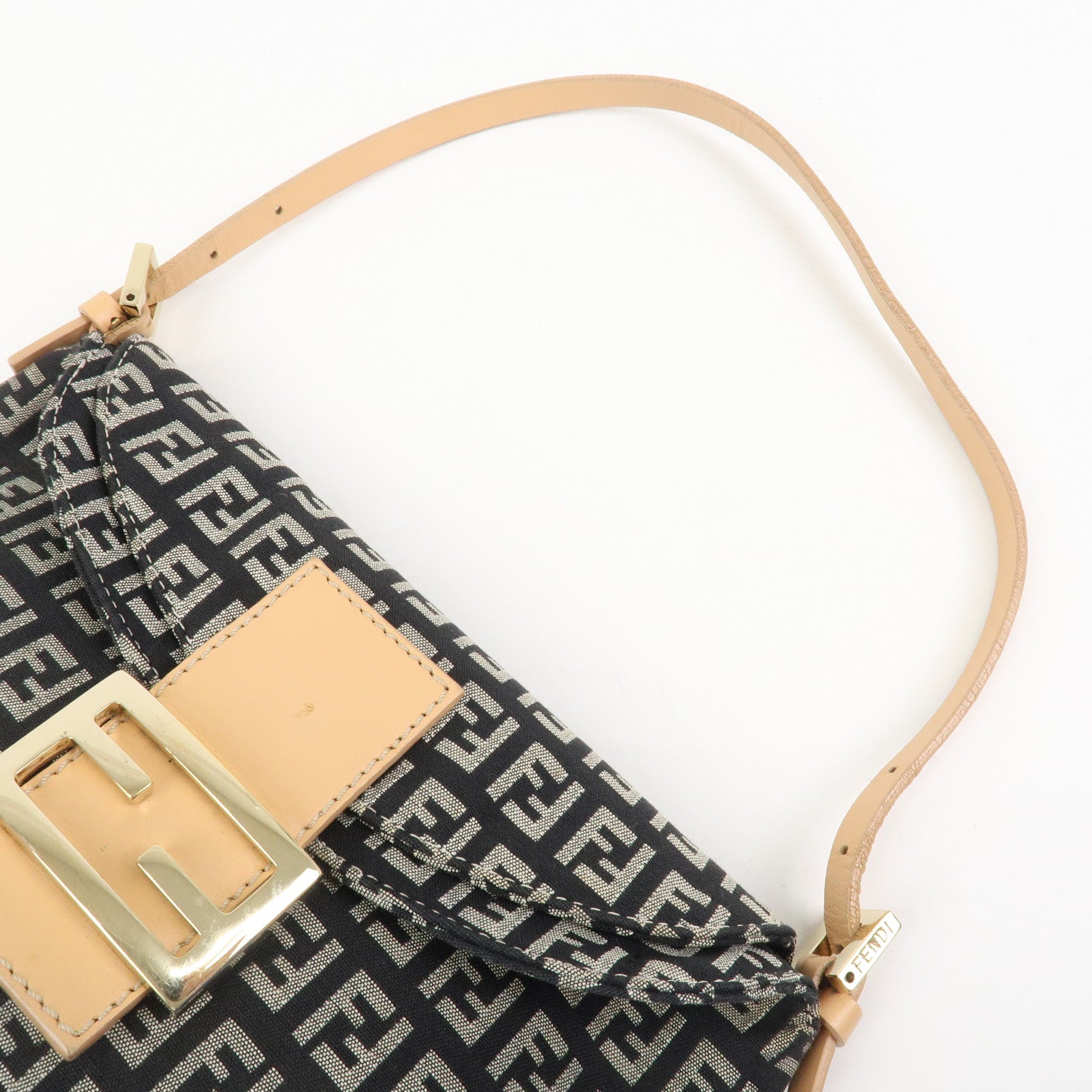 FENDI Zucchino Canvas Leather Shoulder Bag Black Natural 8BR009