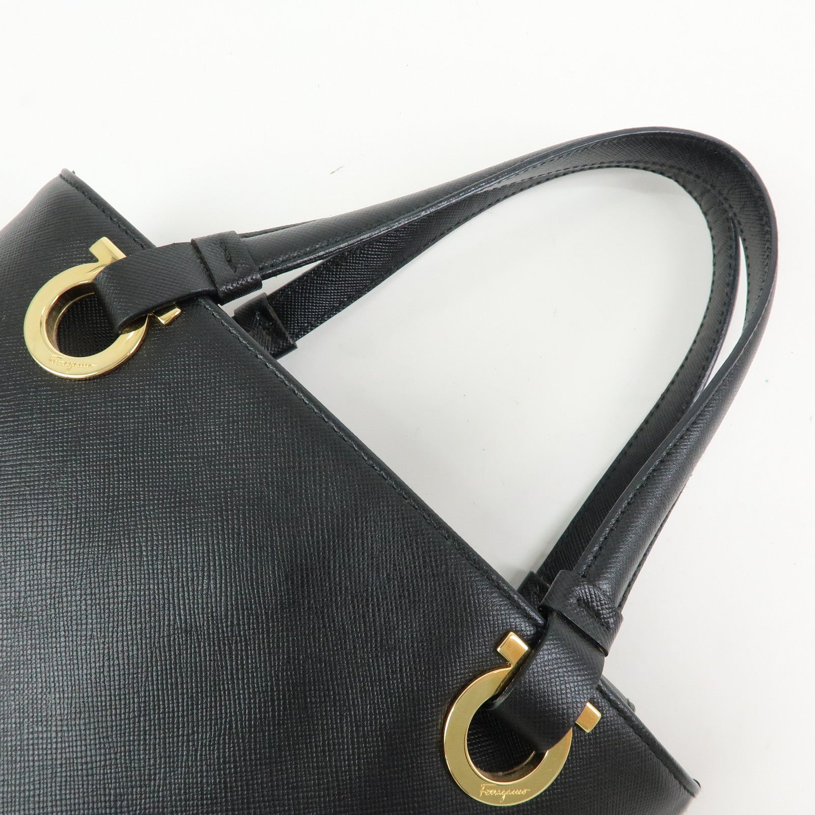 Ferragamo Gancini Leather Tote Bag Hand Bag Bucket Bag Black