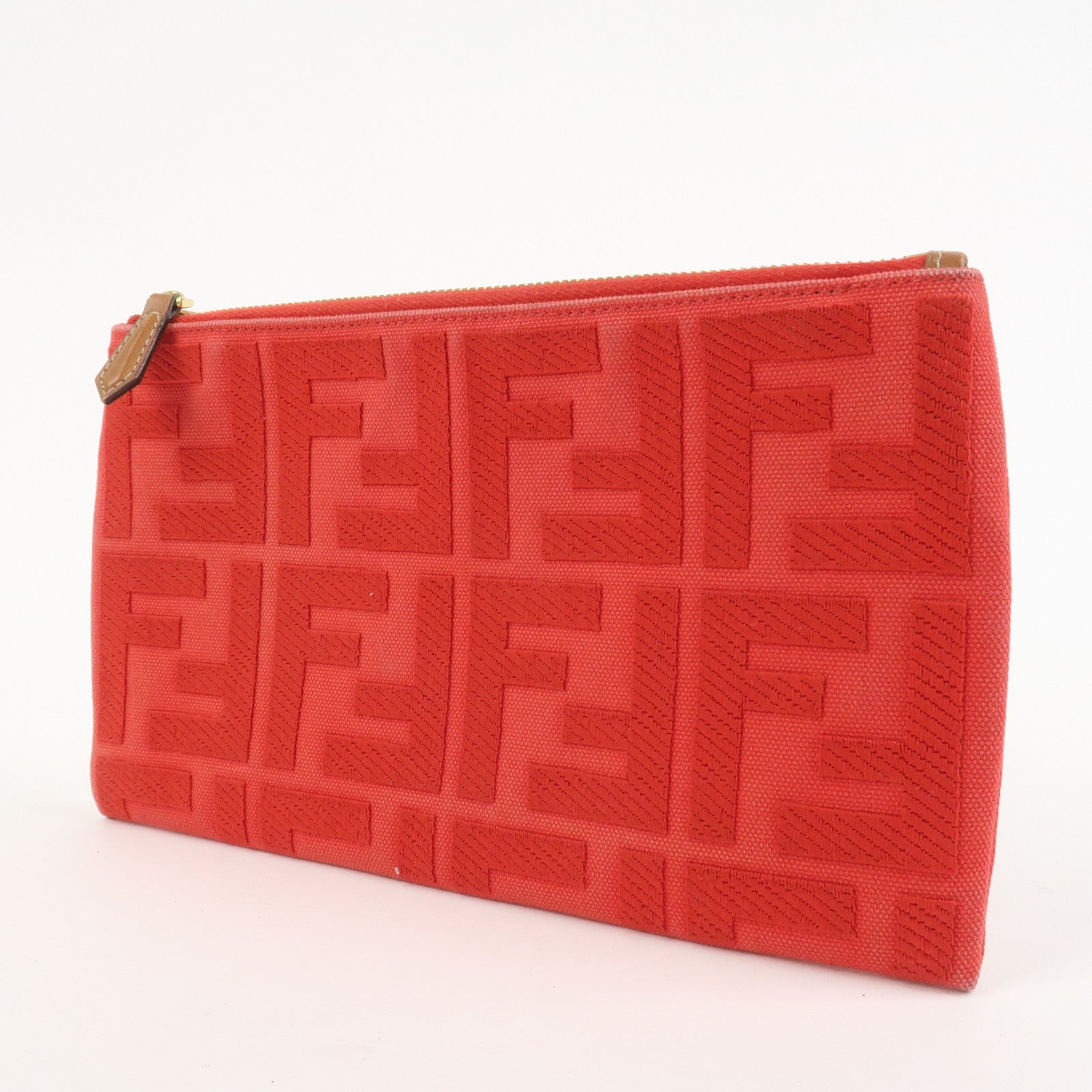 FENDI Zucca Canvas Leather Clutch Bag Cosmetic Bag Red 8N0148