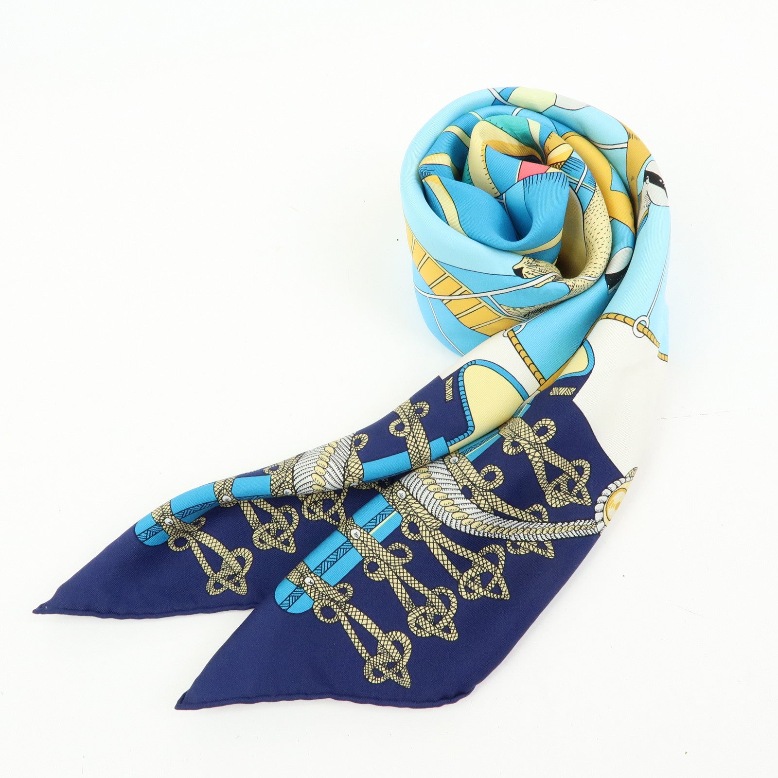 HERMES Carre 90 Silk 100% Scarf Circus Blue Gold