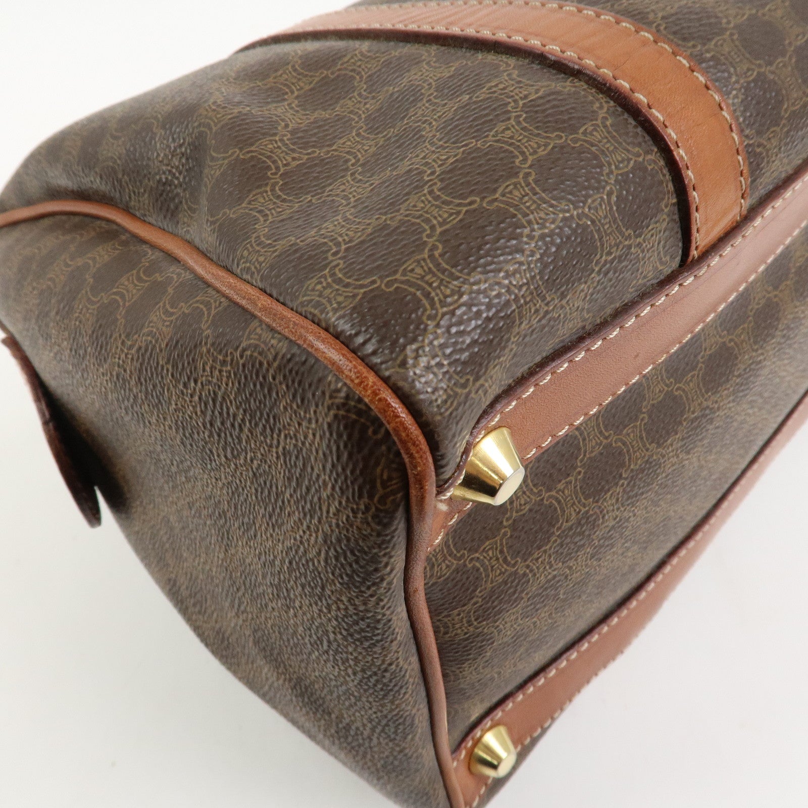 CELINE Macadam PVC Coating Canvas Leather Boston Bag Brown