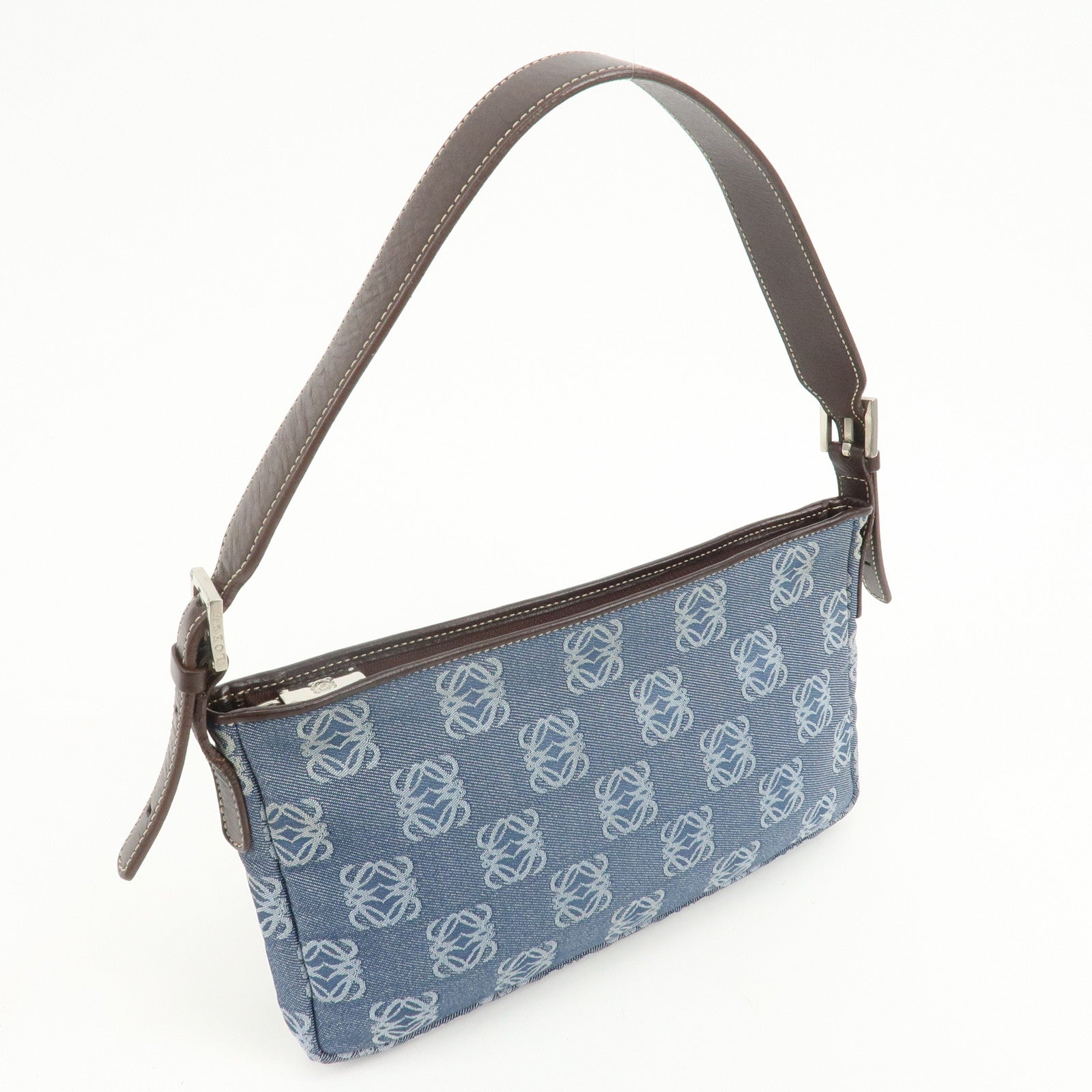 LOEWE Anagram Canvas Leather Shoulder Bag Hand Bag Denim Brown