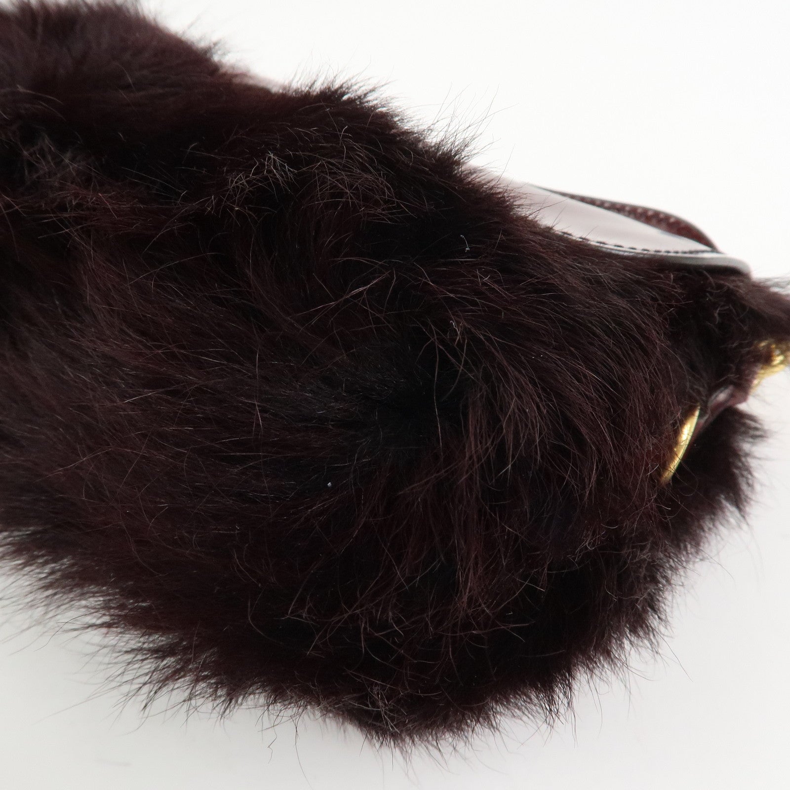 PRADA Leather Fur Chain Shoulder Bag Crossbody Bag Brown BP0368