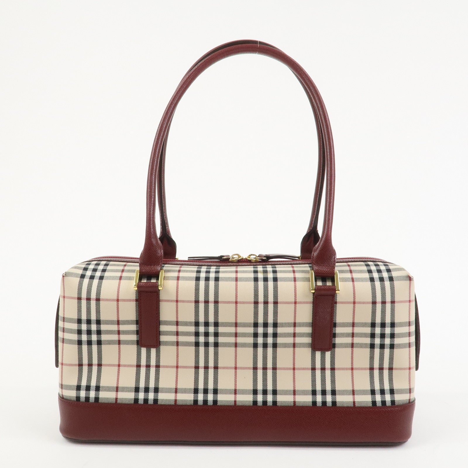 BURBERRY Nova Plaid Canvas Leather Shoulder Hand Bag Beige Bordeaux
