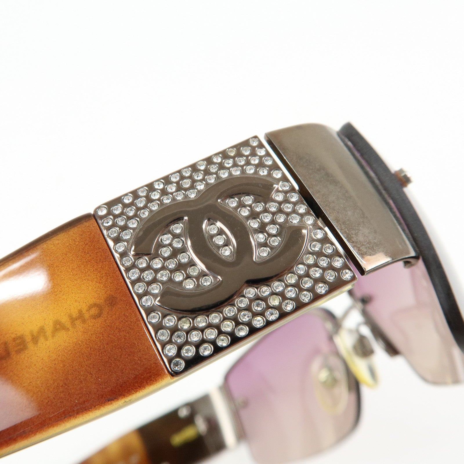 CHANEL Plastic Rhinestone Sunglasses 62□16 Brown 41117-B