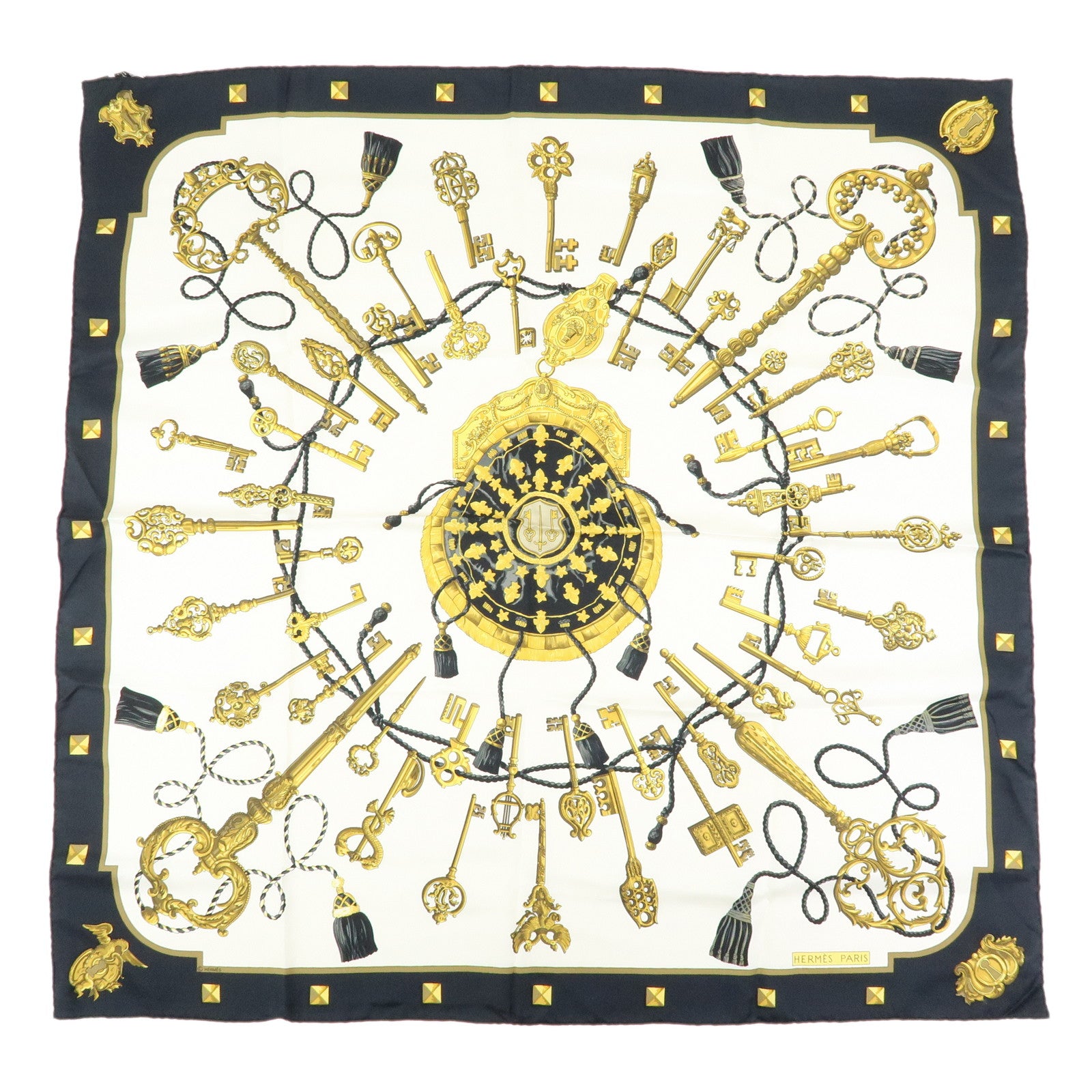 HERMES Carre 90 Silk 100% Scarf LES CLES THE KEYS RARE Black White