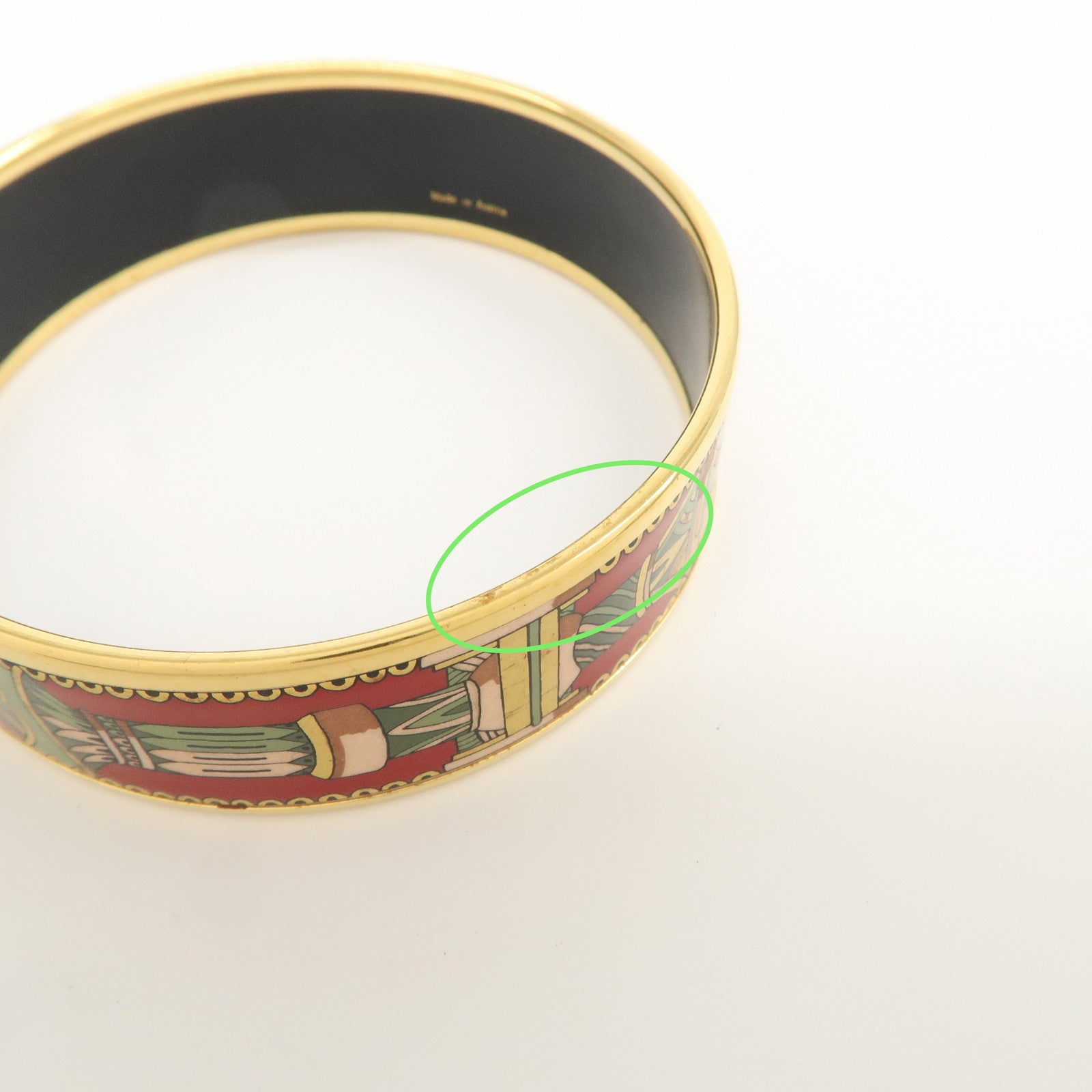 HERMES Email GM Gold Plated Bangle Bracelet Red Green