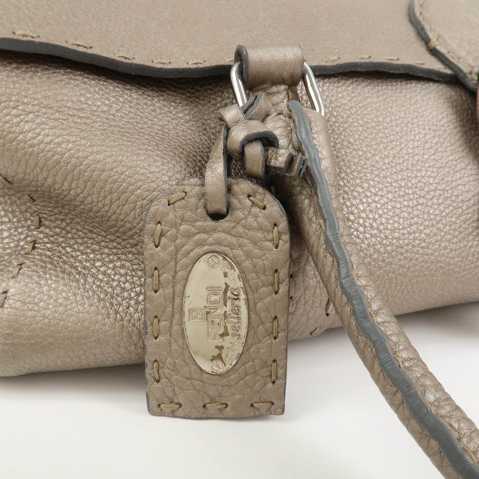 FENDI Seleria Linda Leather Shoulder Bag Hand Bag Greige 8BR442