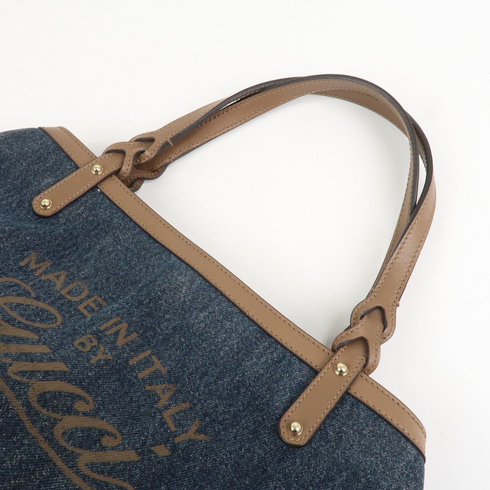 GUCCI Craft Denim Leather Tote Bag Hand Bag Navy Brown 348715