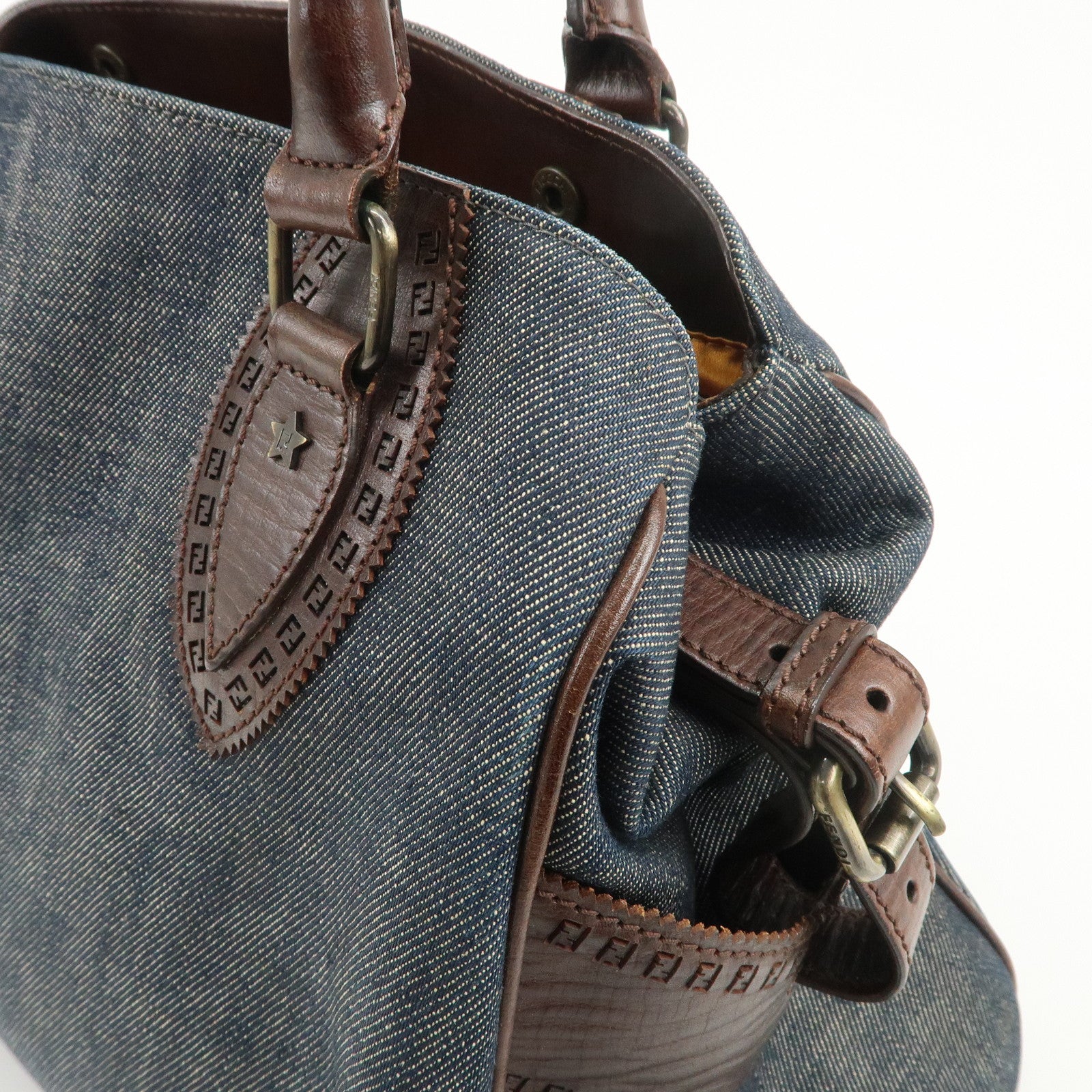 FENDI Etonico Denim Leather Tote Bag Shoulder Bag Brown 8BN162