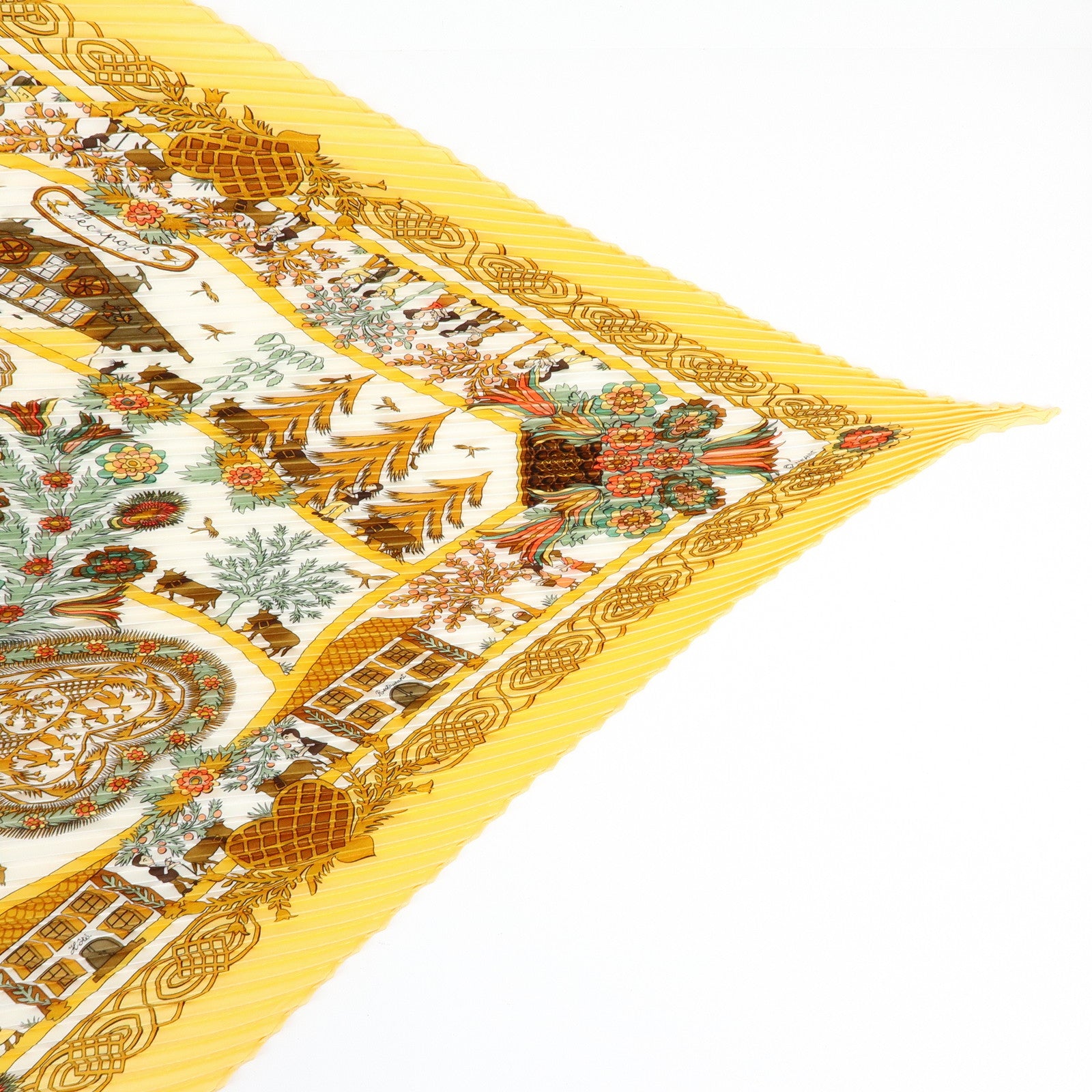 HERMES Pleated Carre 90 Silk 100% Scarf DECOUPAGES Yellow Orange