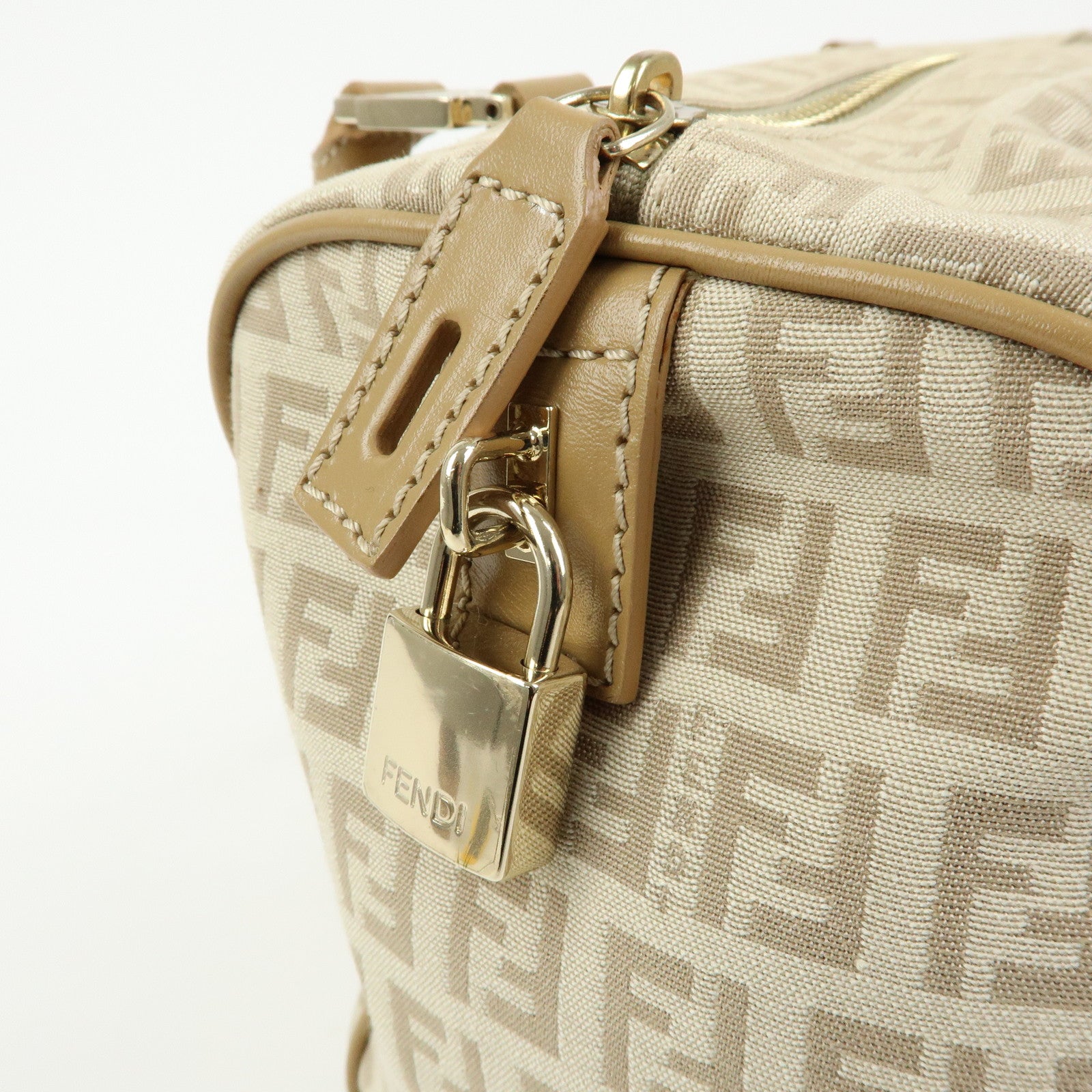 FENDI Zucchino Canvas Leather Boston Bag Hand Bag Beige 8BL068